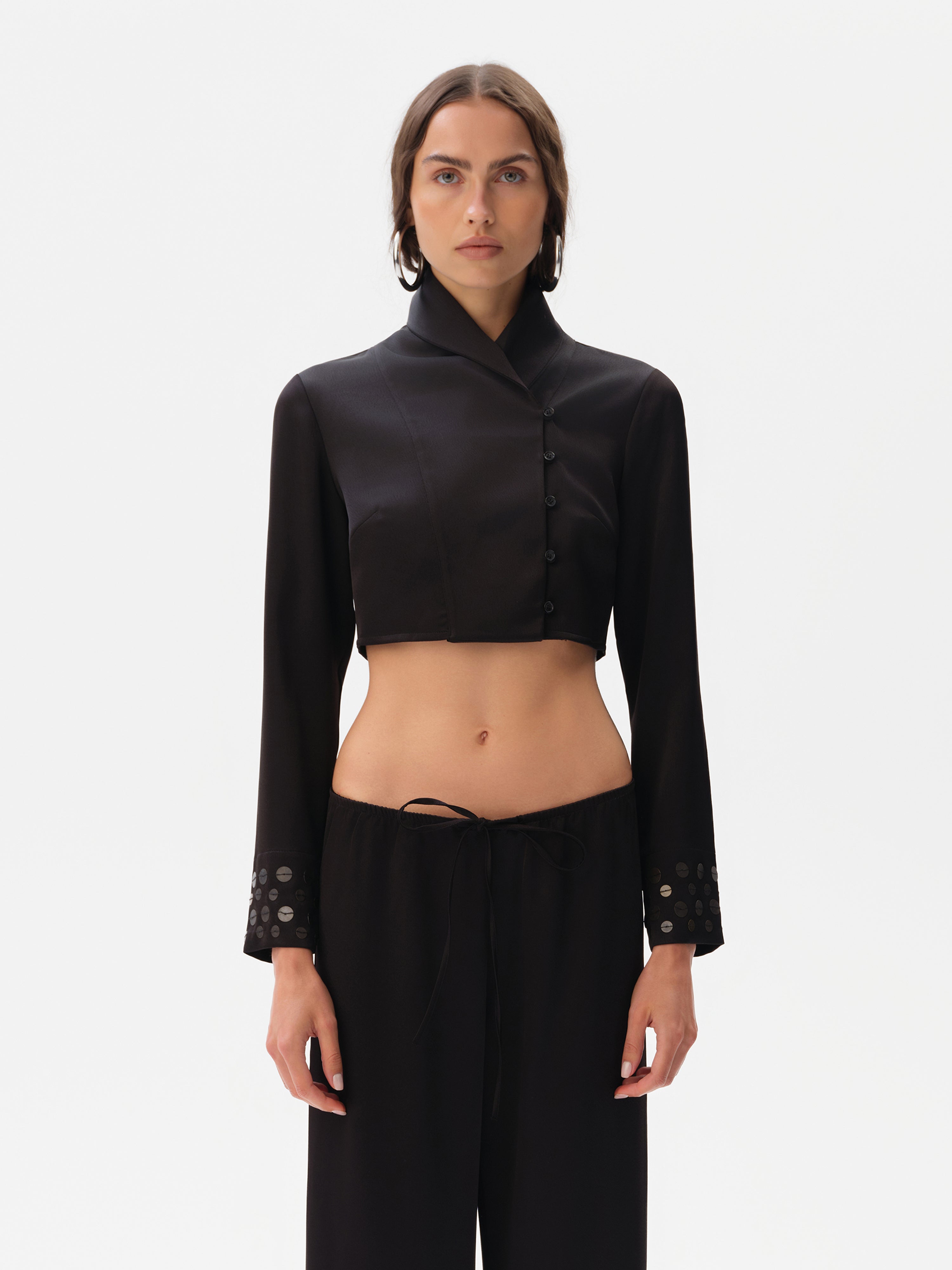 NOVA - Satin cropped shirt with embroidered sleeve cuffs