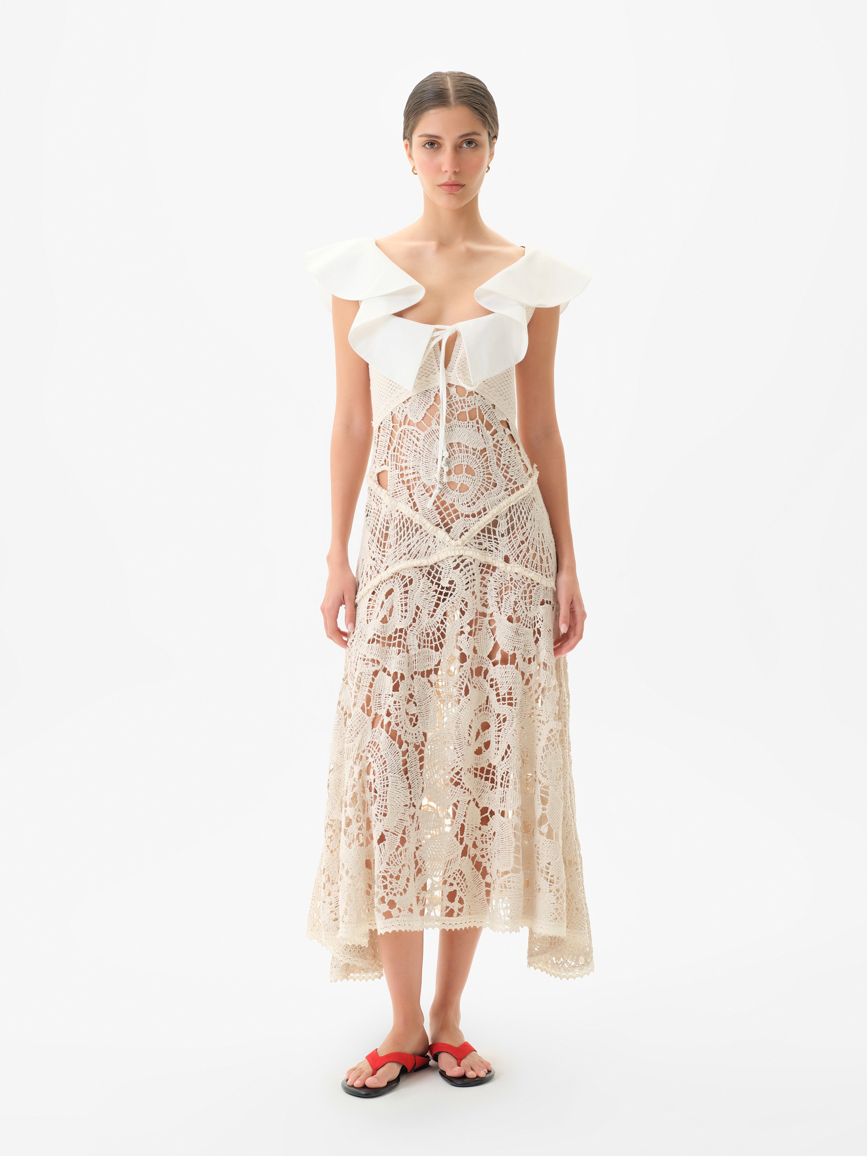 CAENES - Crochet dress with contrast poplin collar CAENES - Crochet dress with contrast poplin collar