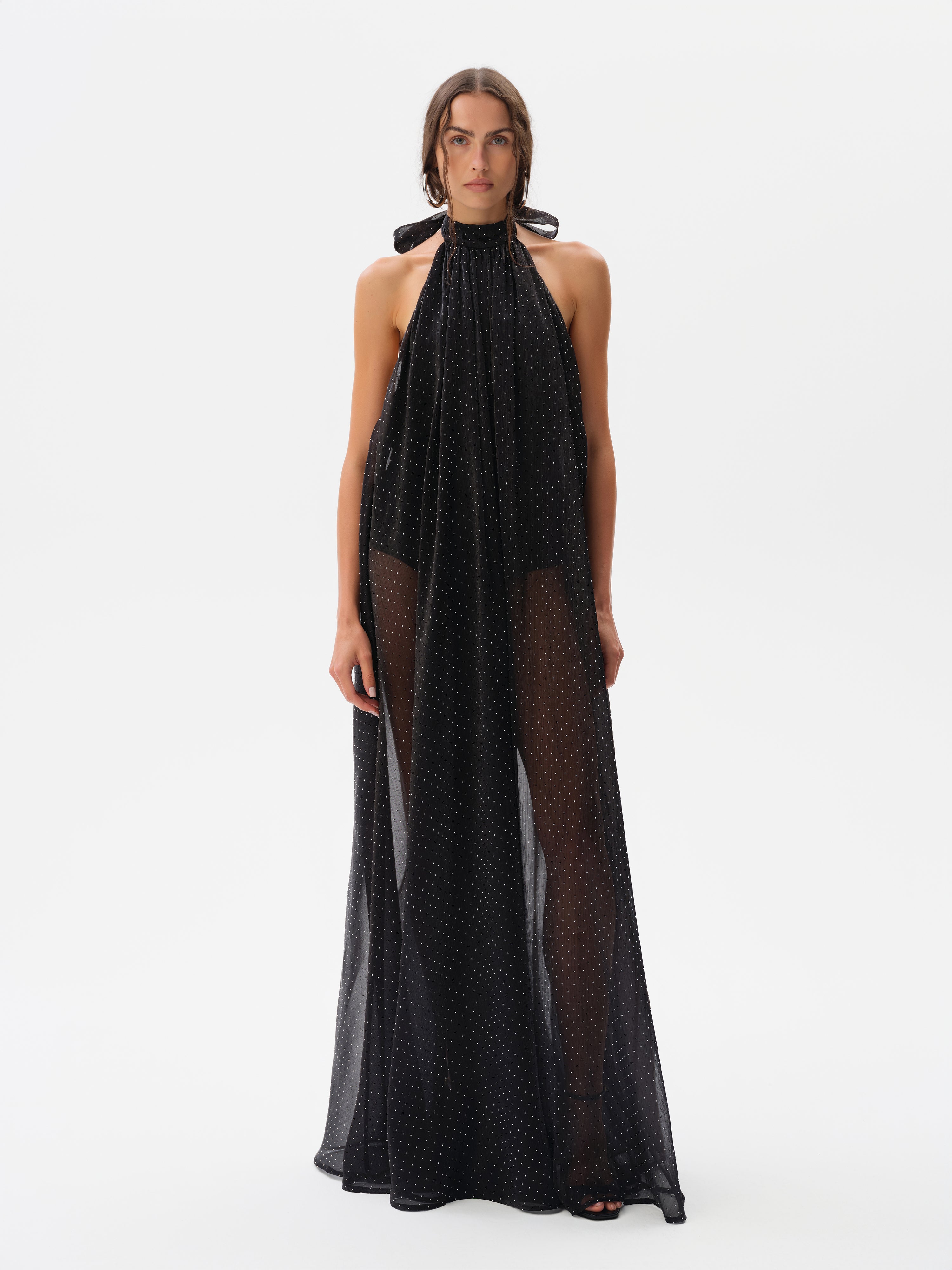IRIS - Open-back halter neck chiffon glitter dress