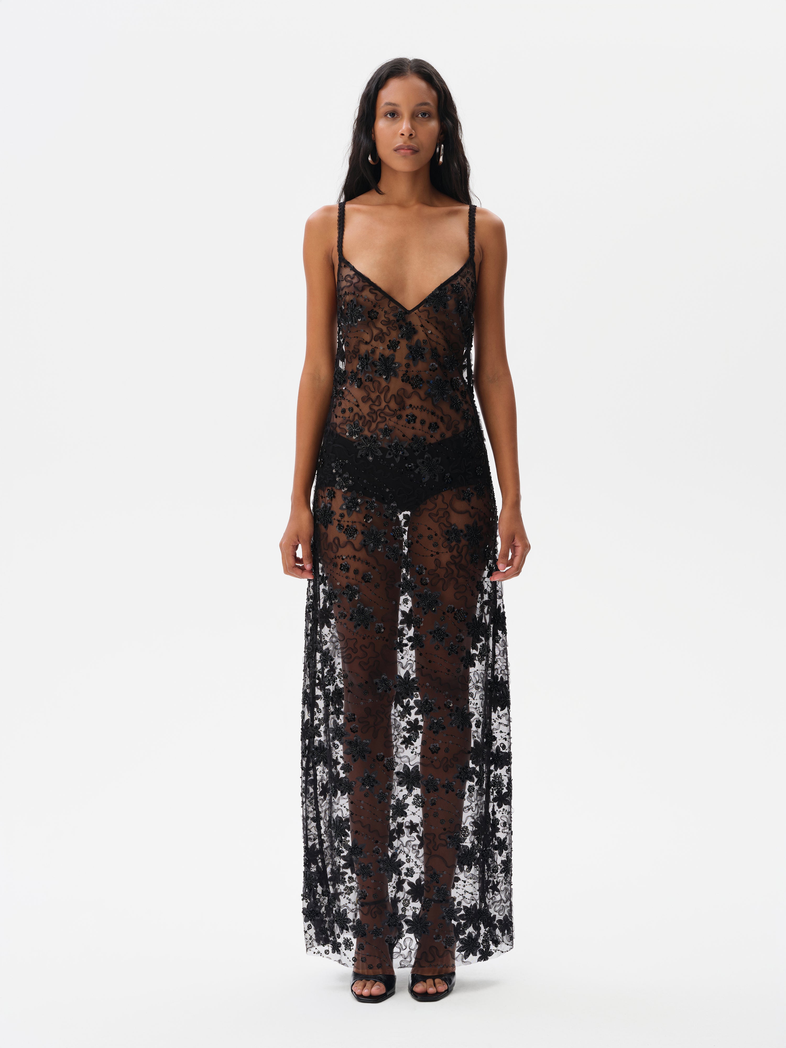 LUCILLE - Embroidered open back maxi dress with mini shorts Black / 38 LUCILLE - Embroidered open back maxi dress with mini shorts Black / 38