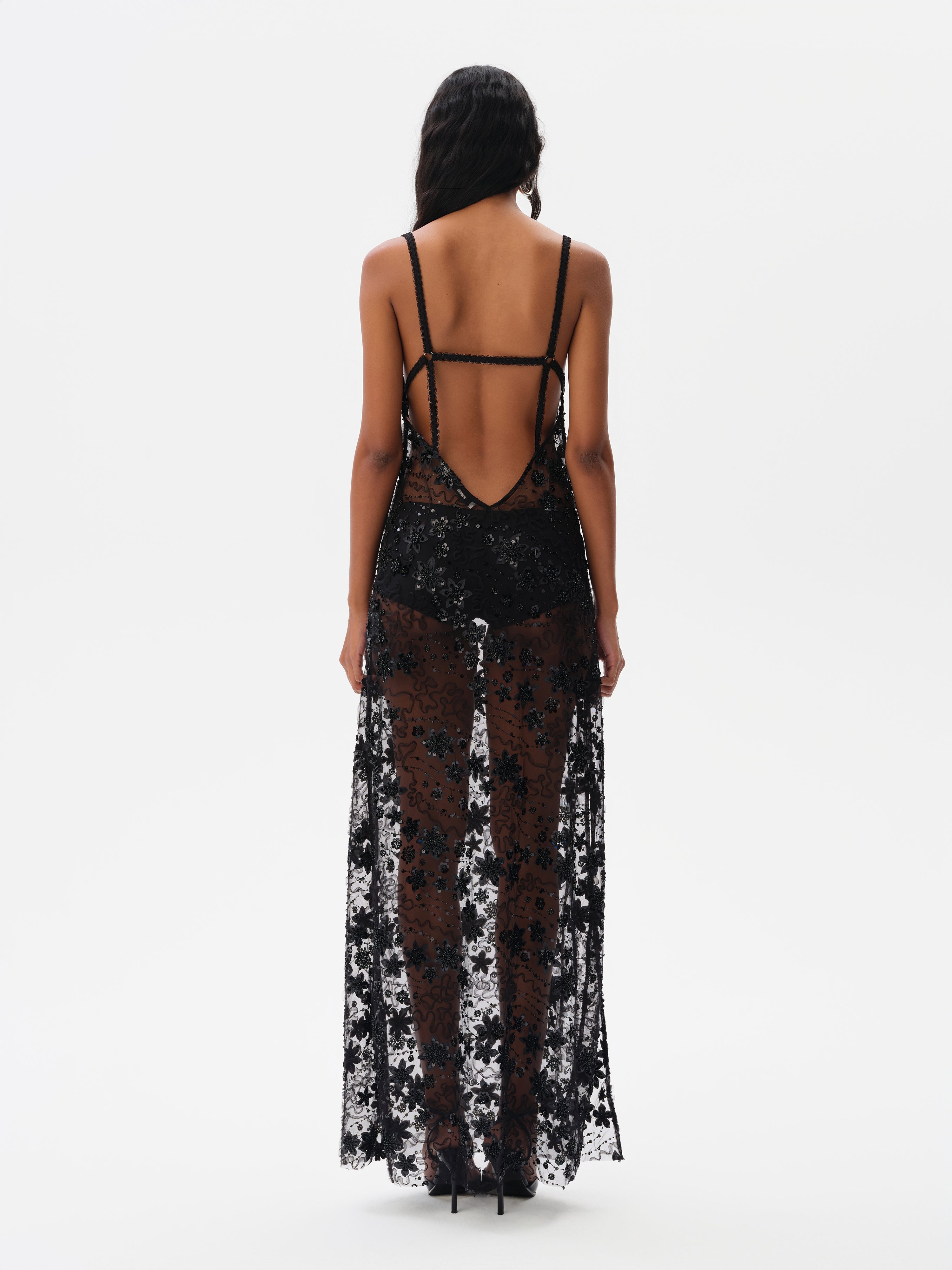LUCILLE - Embroidered open back maxi dress with mini shorts