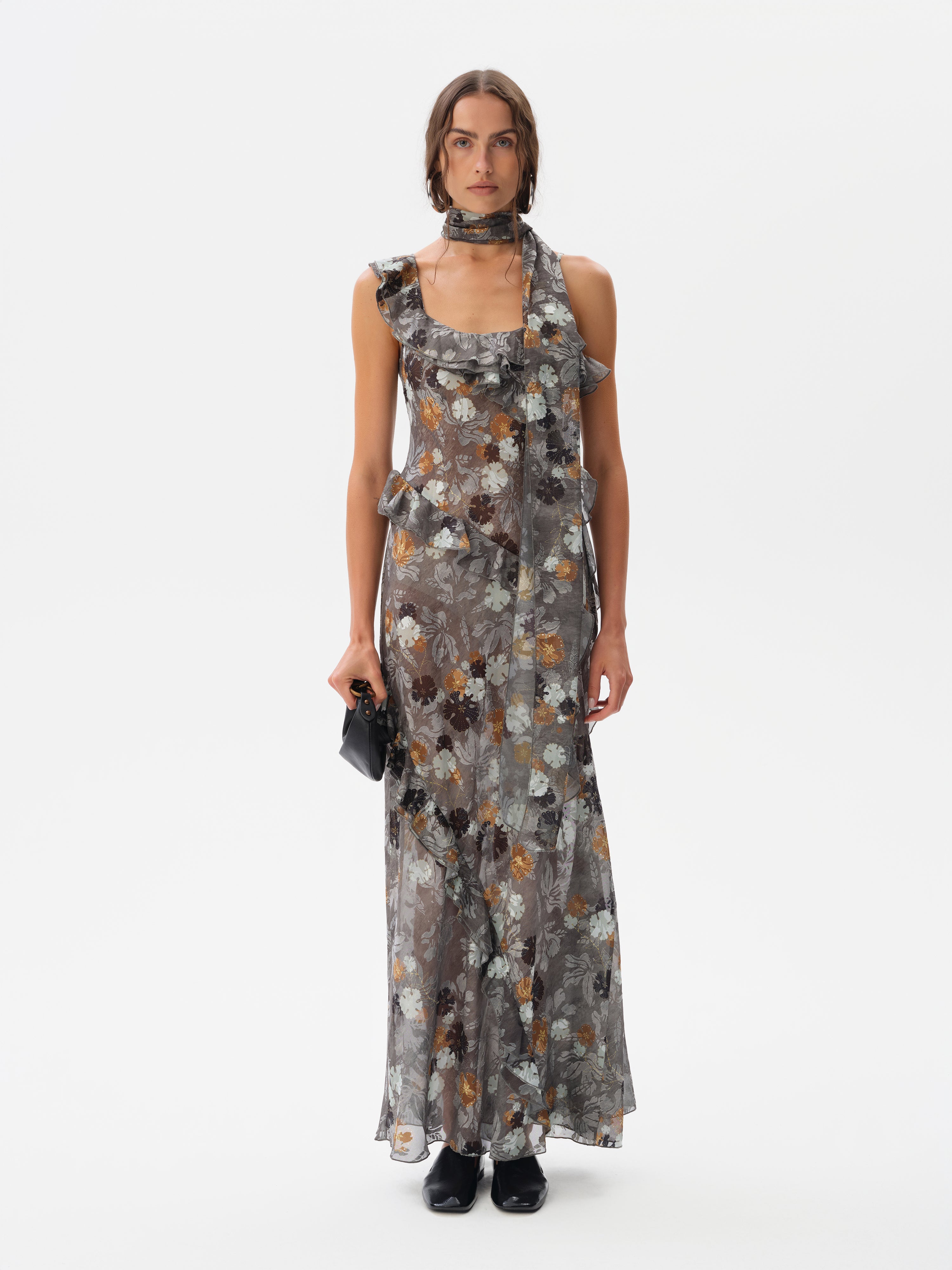 MONICA - Ruffled chiffon maxi dress with devoré detail by SIEDRÉS MONICA - Ruffled chiffon maxi dress with devoré detail by SIEDRÉS