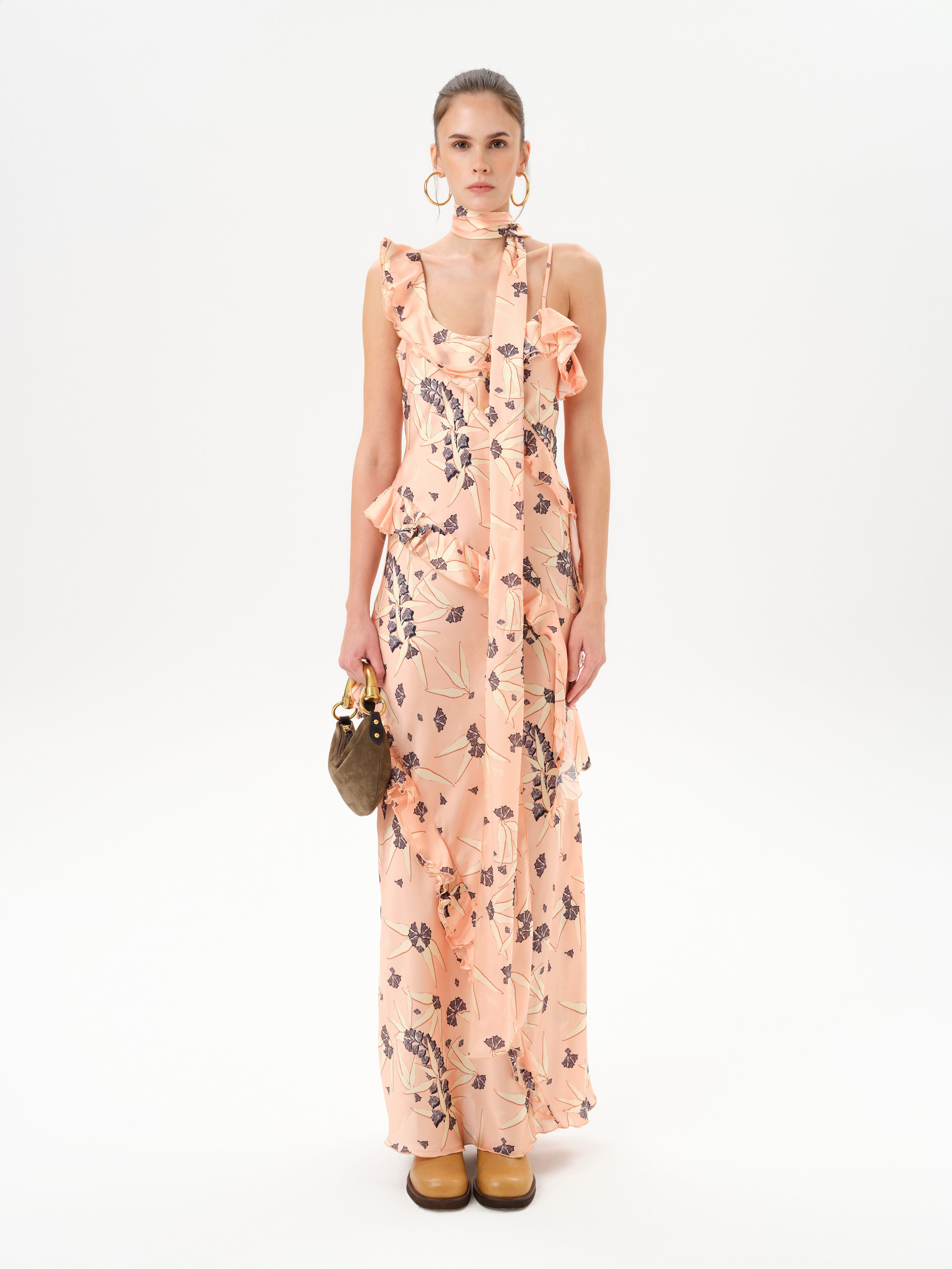 Monica - Ruffled Satin Maxi Dress - Coral 34 Monica - Ruffled Satin Maxi Dress - Coral 34