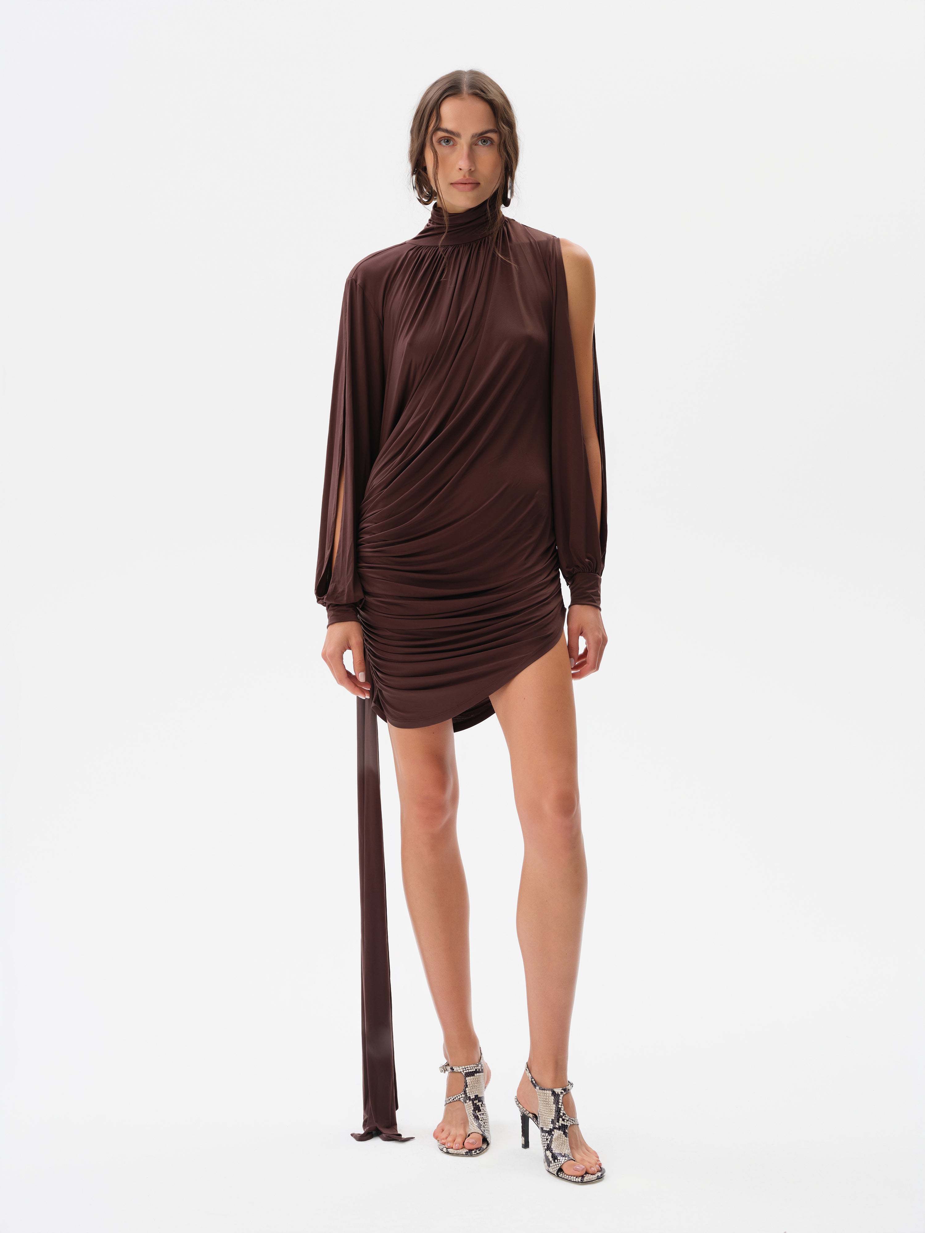 SELENE - High-neck mini jersey dress Brown / L SELENE - High-neck mini jersey dress Brown / L