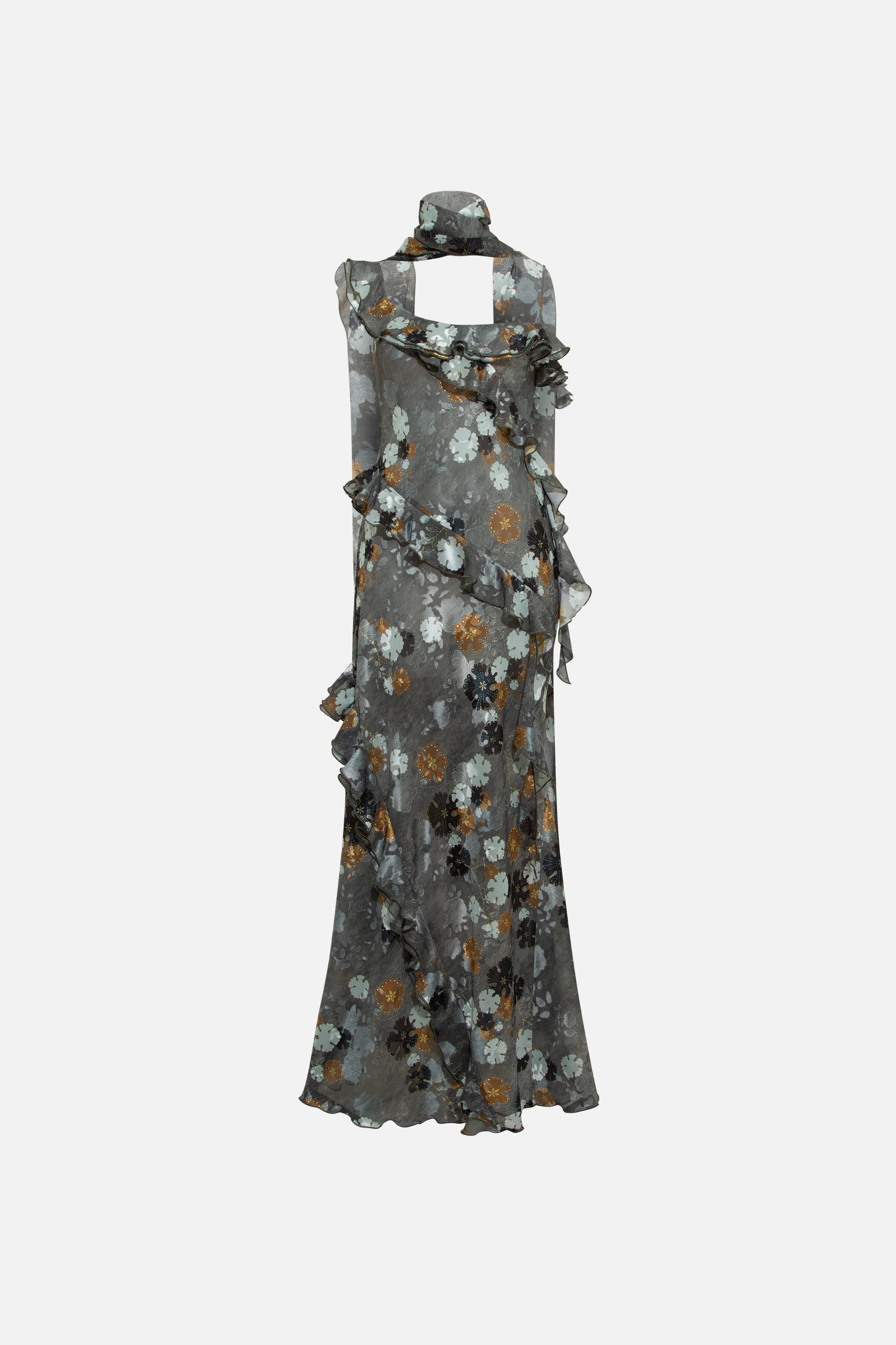 MONICA - Ruffled chiffon maxi dress with devoré detail