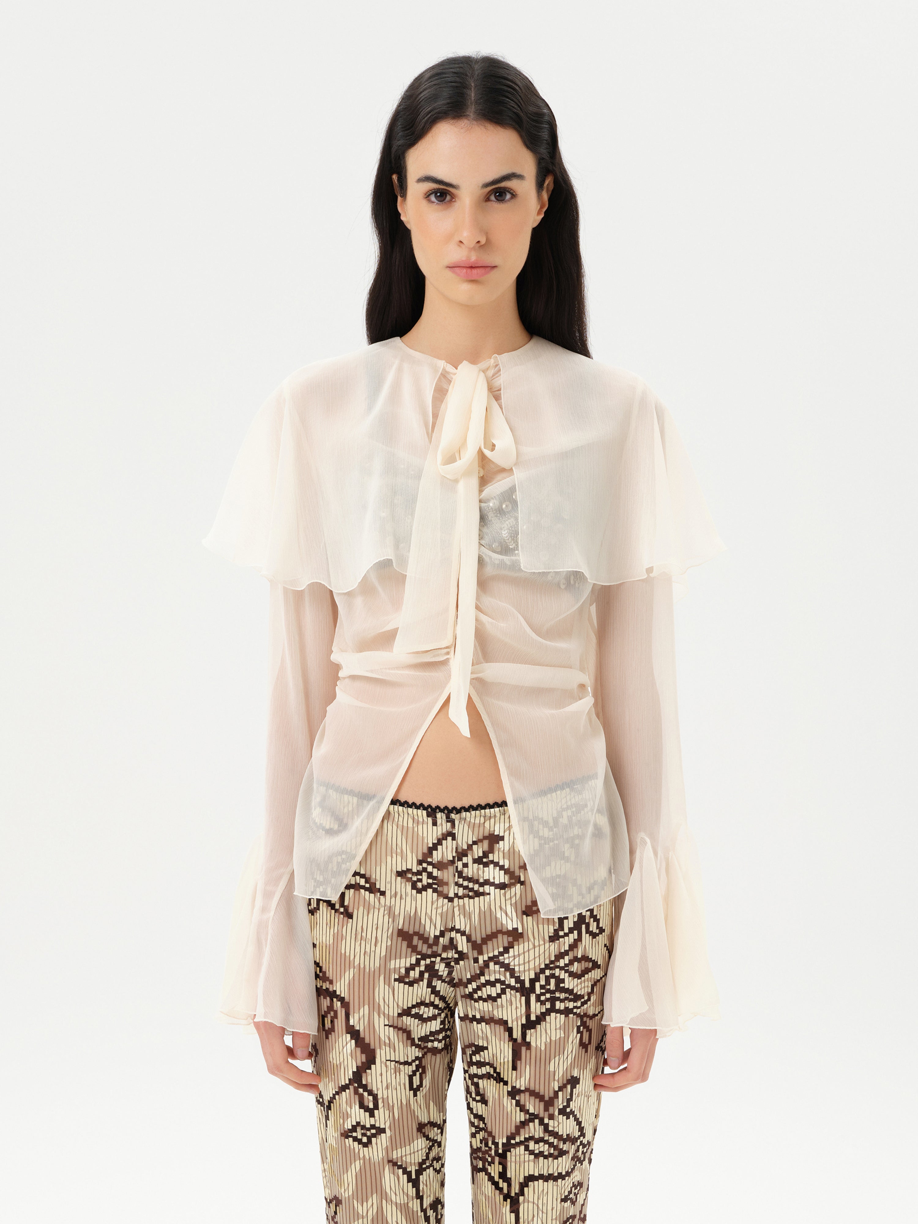 トップス meroir SHEER CHIFFON RIBBON BLOUSE STELLA - Sheer chiffon long-sleeve blouse with deep V-neck design