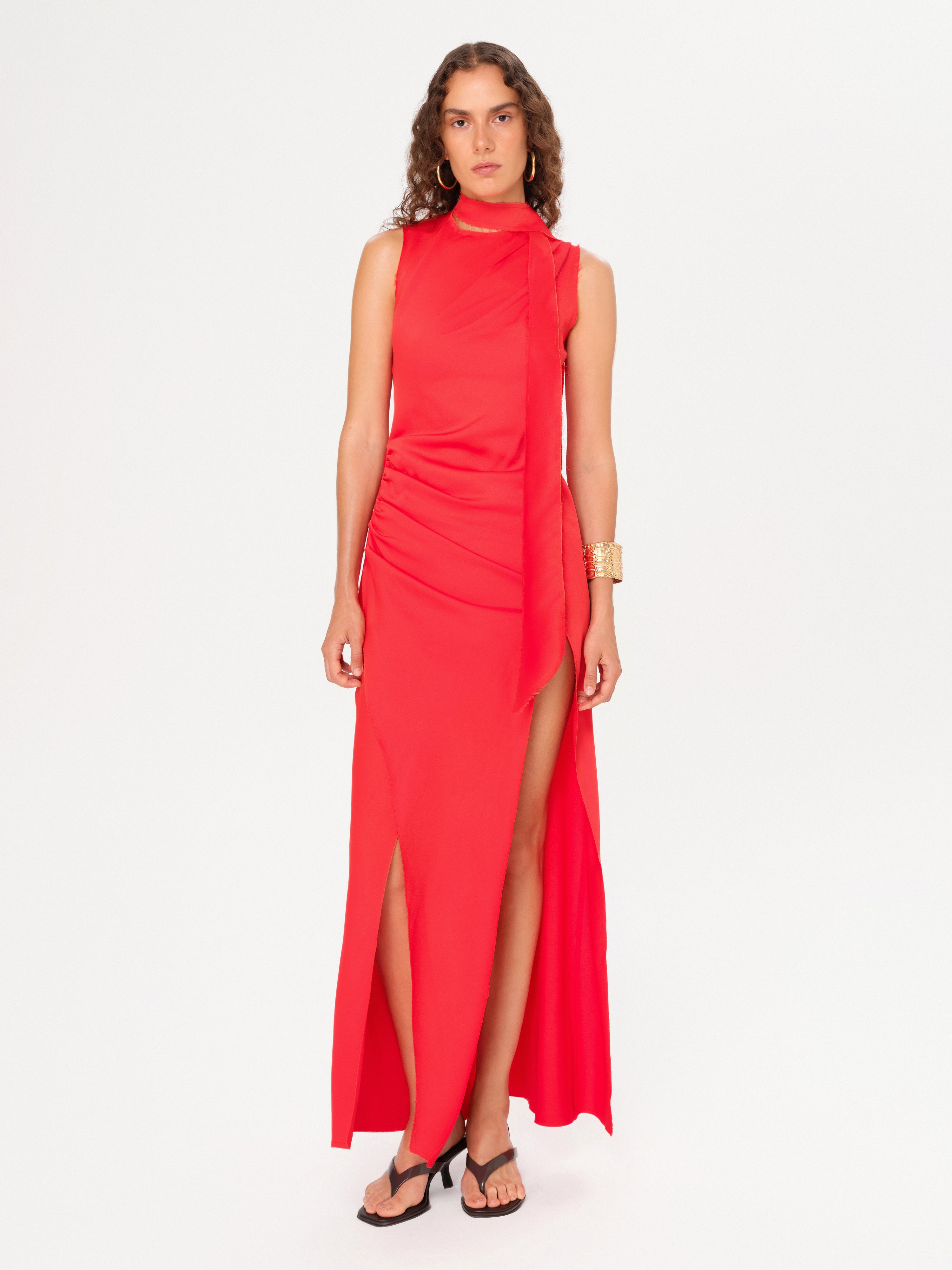 NARAH - Scarf and fray detailed draped satin maxi dress