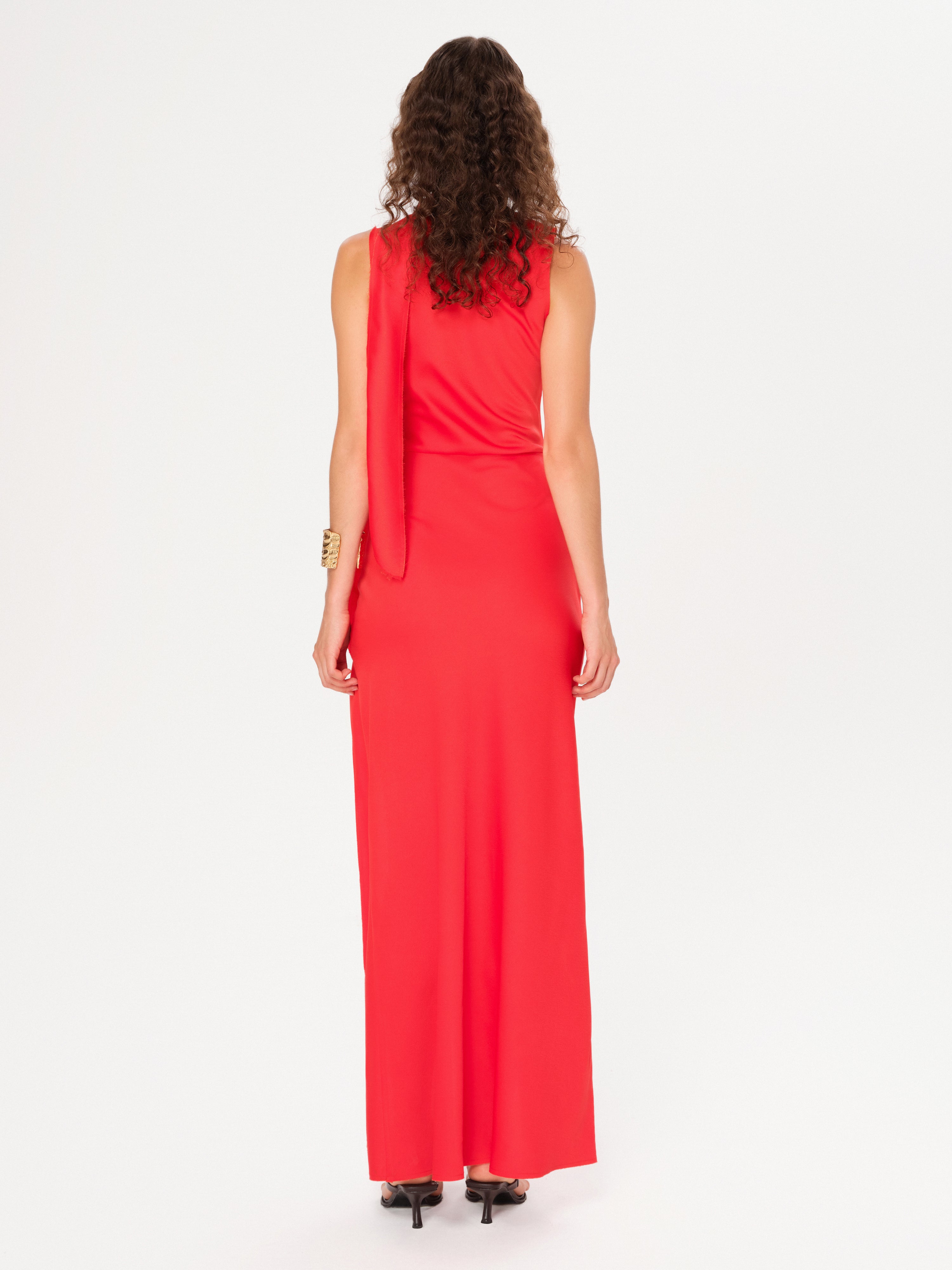 NARAH - Scarf and fray detailed draped satin maxi dress