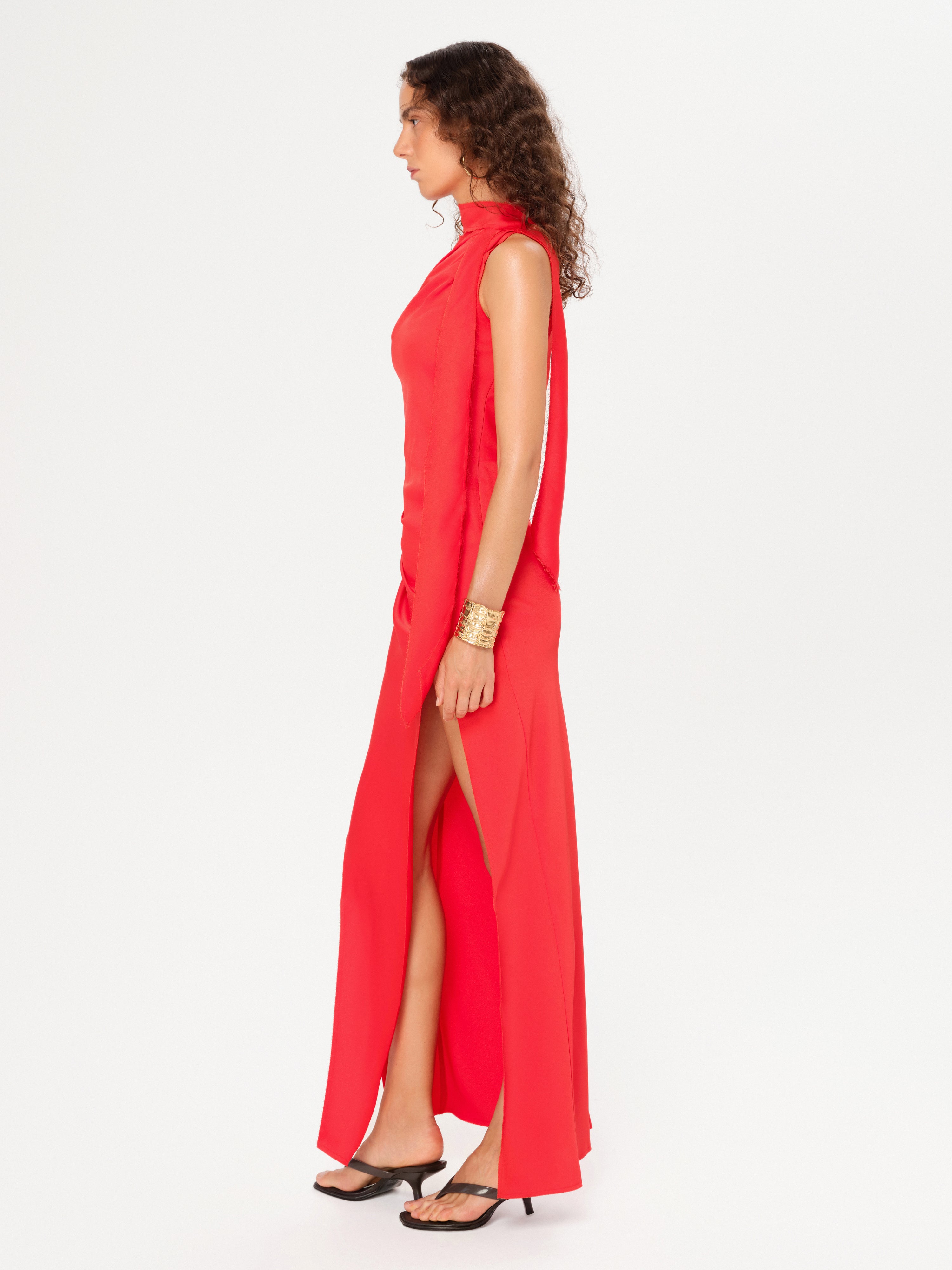 NARAH - Scarf and fray detailed draped satin maxi dress
