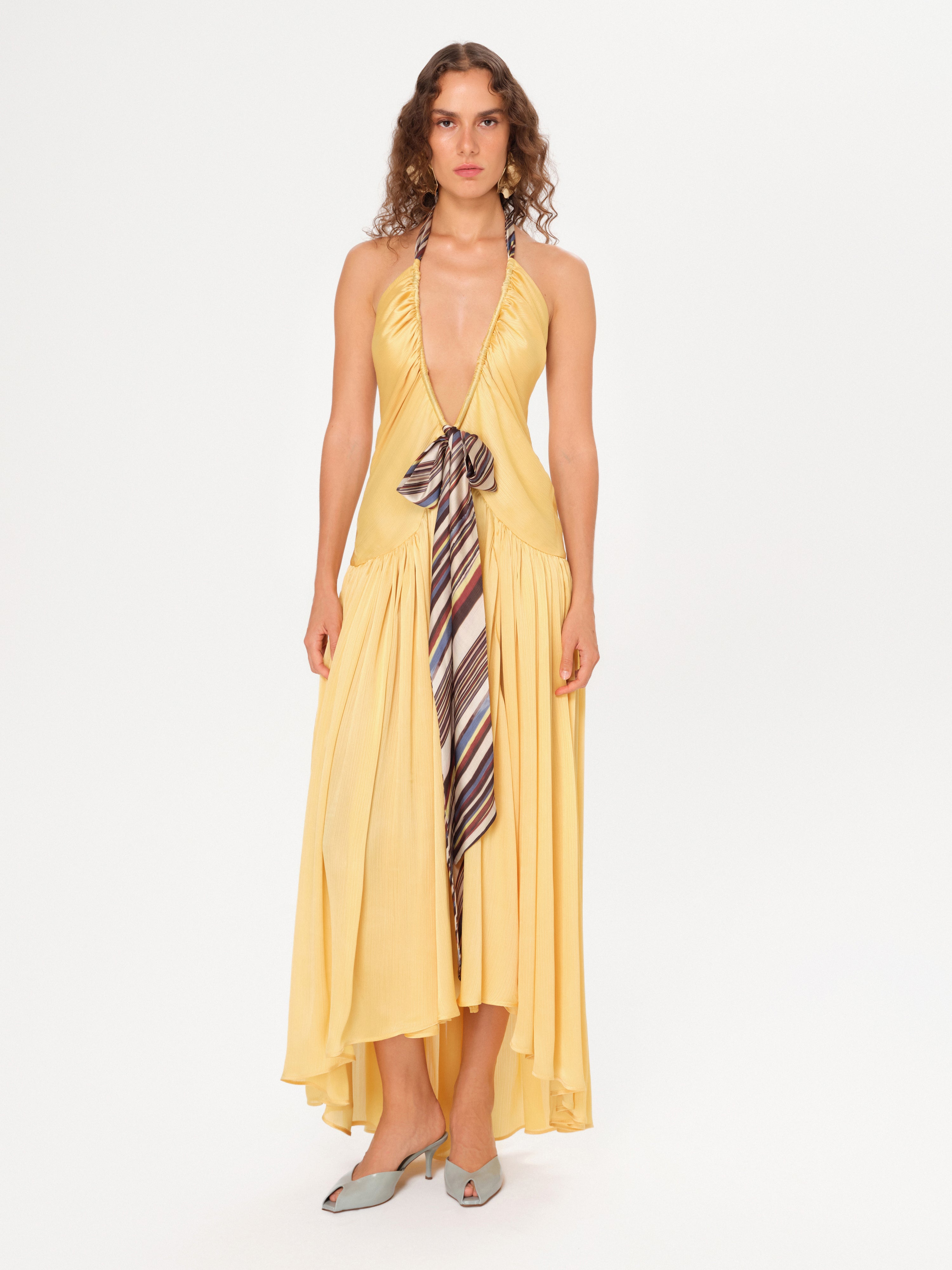 LIESSA - Deep V-neck midi dress with printed tie