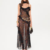 MONICA - Printed scarf and ruffle-detailed maxi dress