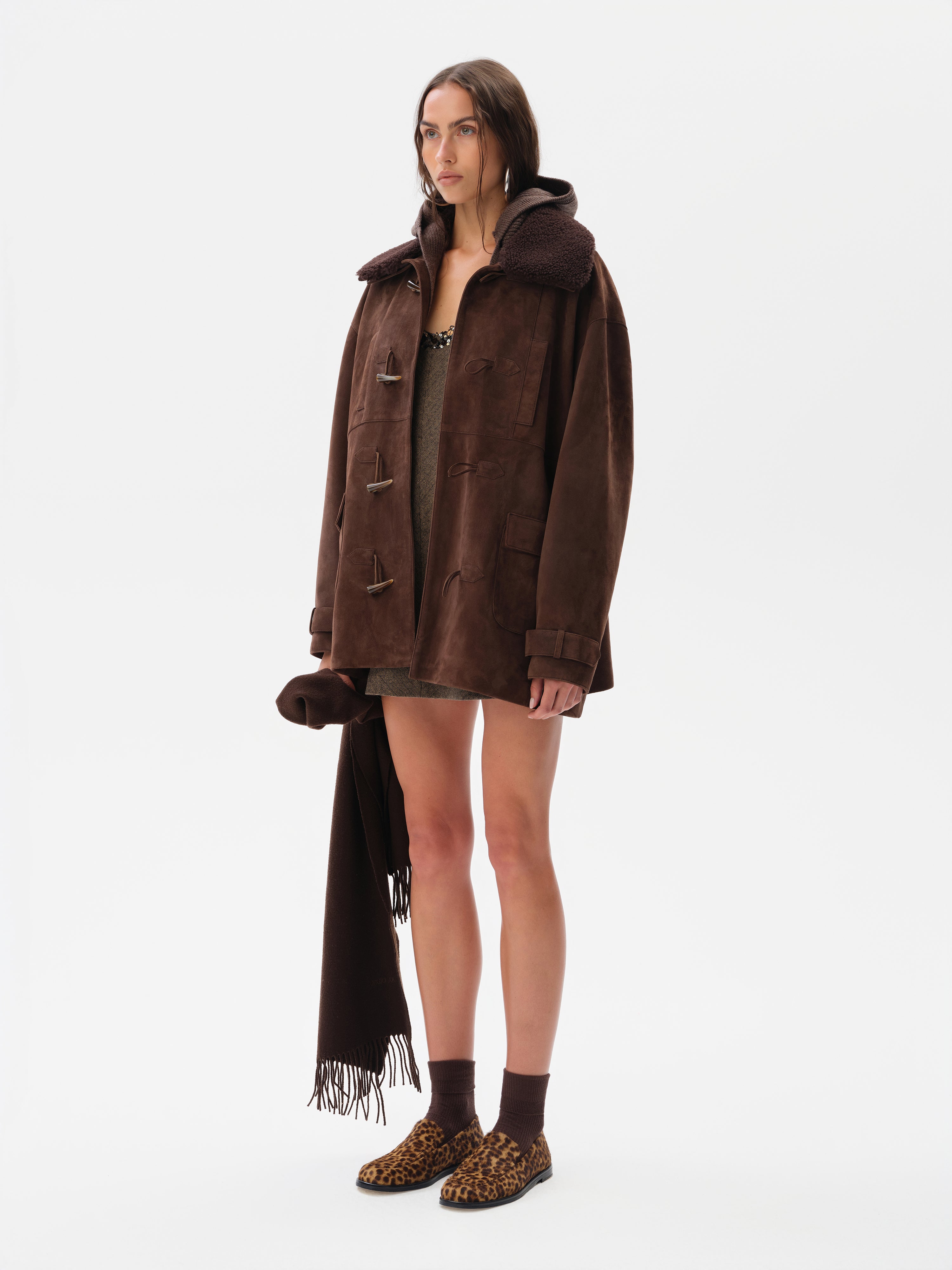 THEO - Oversized shearling-collar suede leather jacket