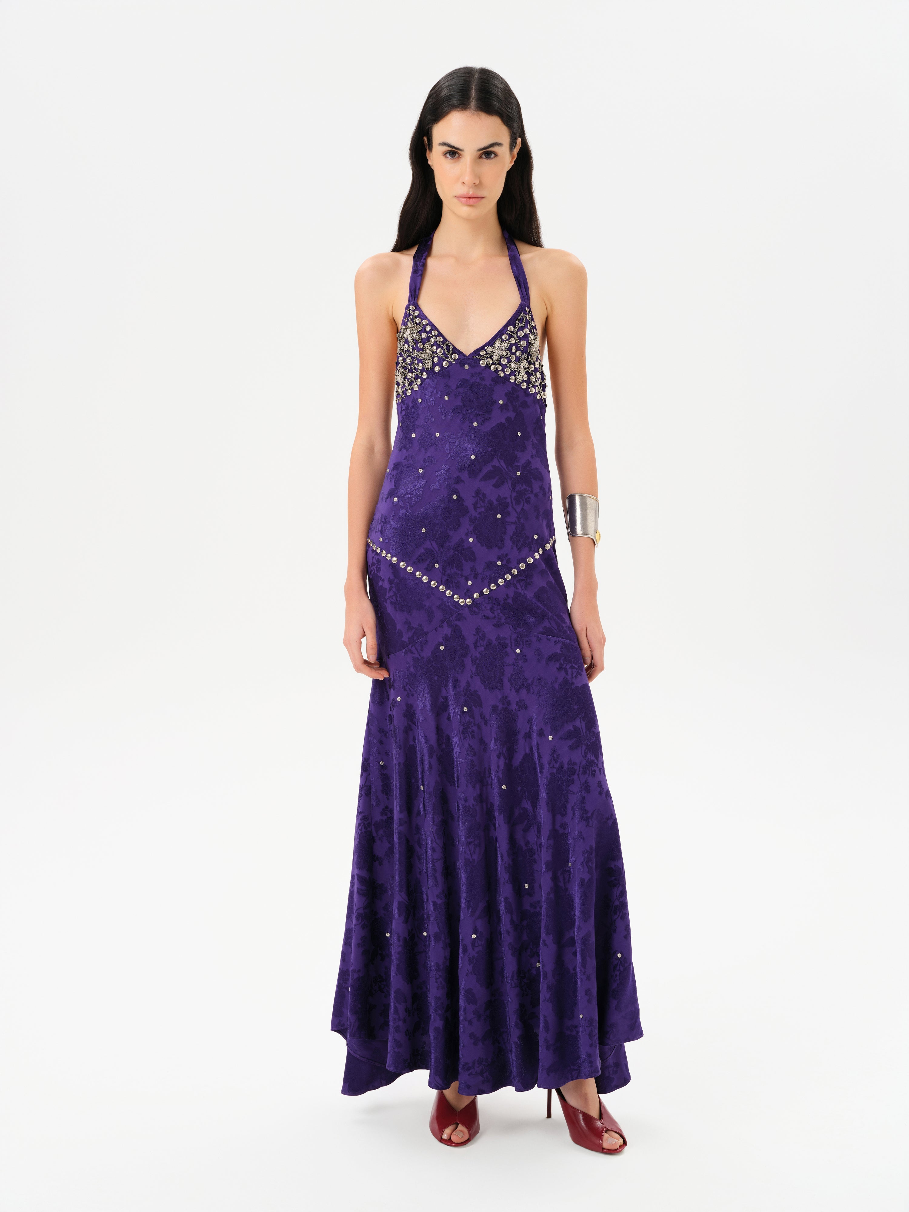 satin maxi dress purple Satin Rhinestone Maxi Dress in Purple