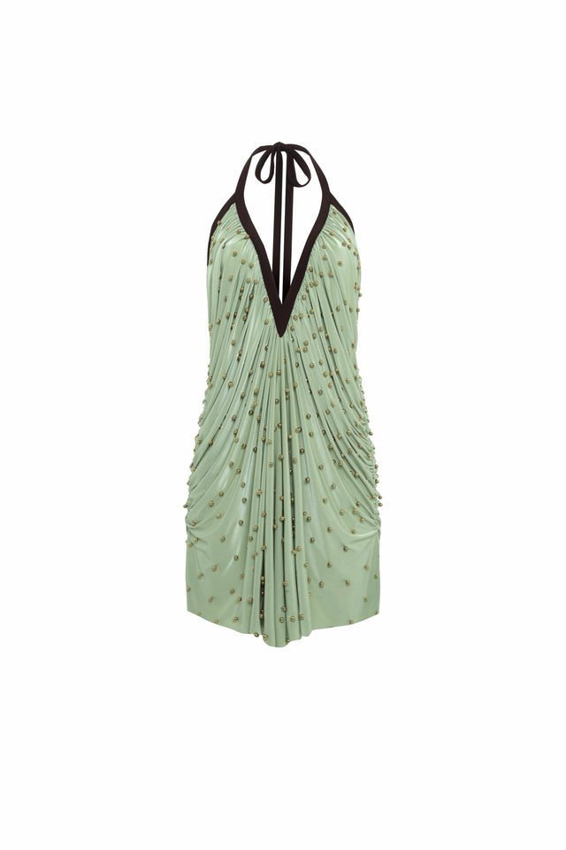 SAGE - Geometric print halter mini dress