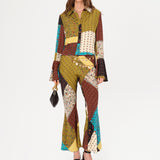 JESLYNN - Patchwork-printed flare-leg pants