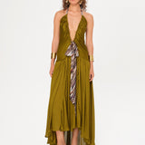 LIESSA - Deep V-neck midi dress with printed tie