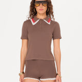 YUAN - Lace-trimmed knit polo top