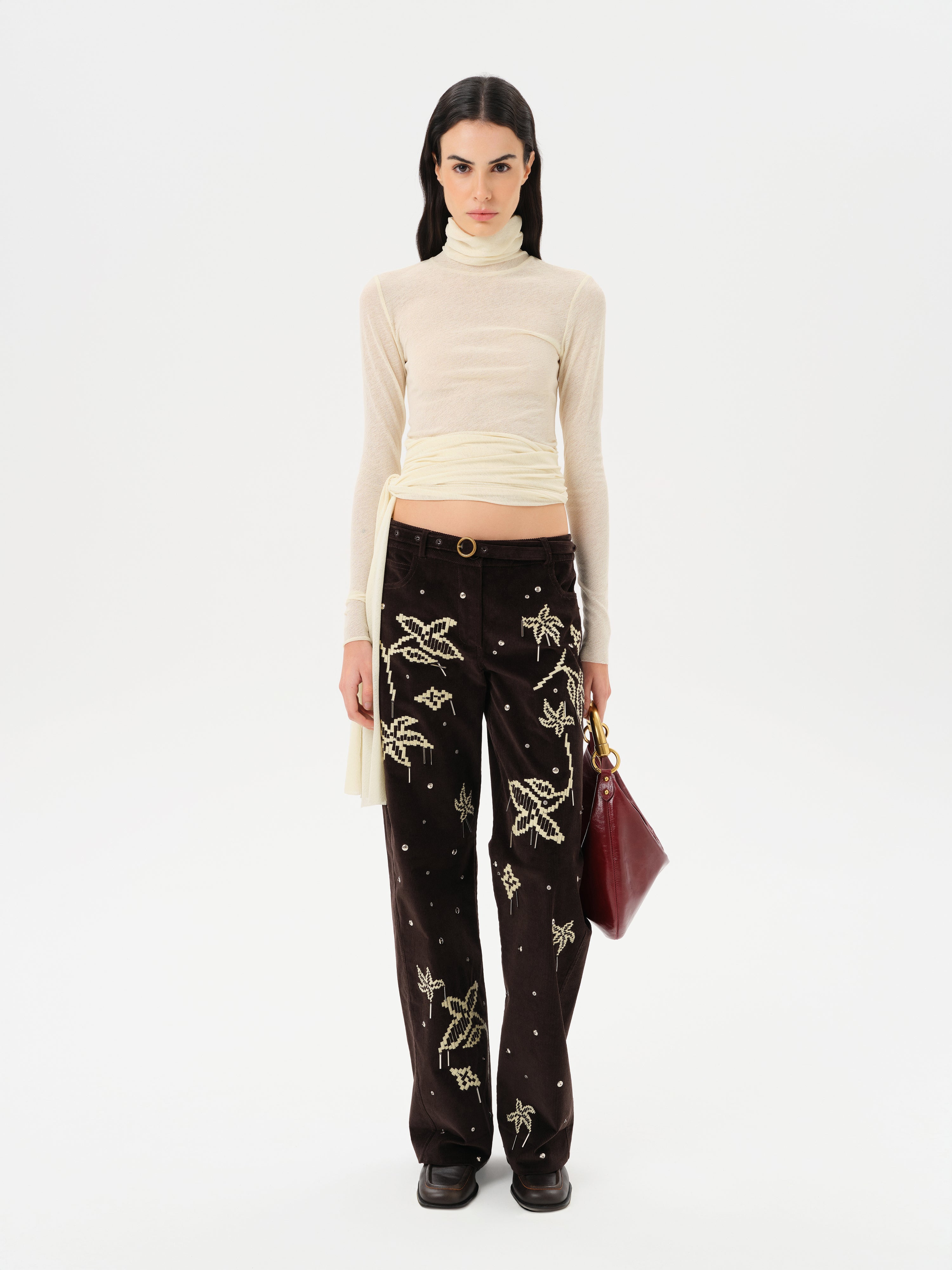 ALBA - Fitted long-sleeve mesh top with side tie detail