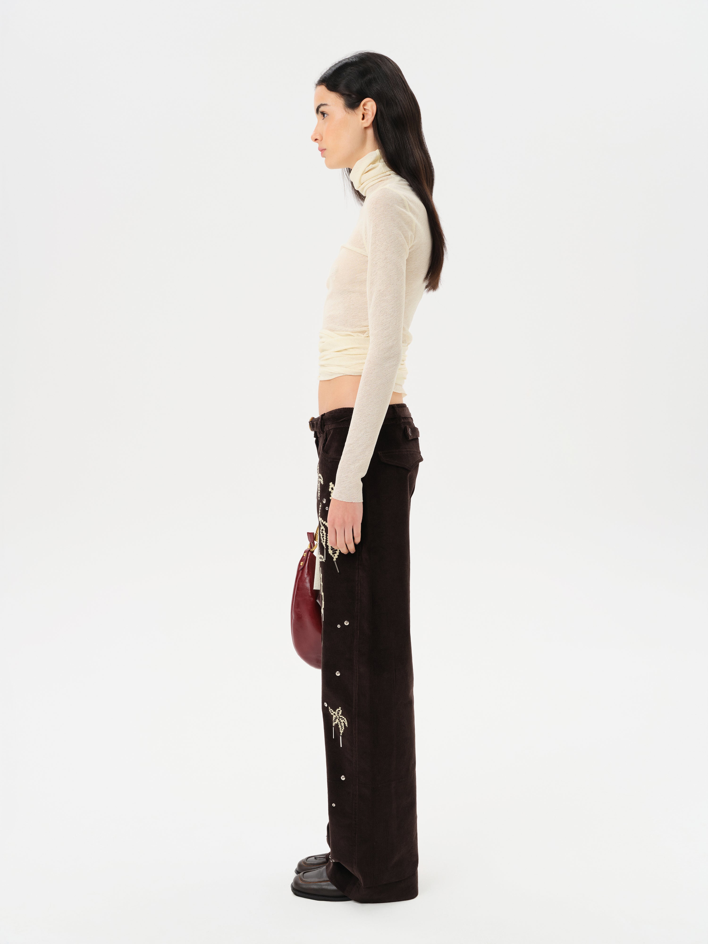 ALBA - Fitted long-sleeve mesh top with side tie detail