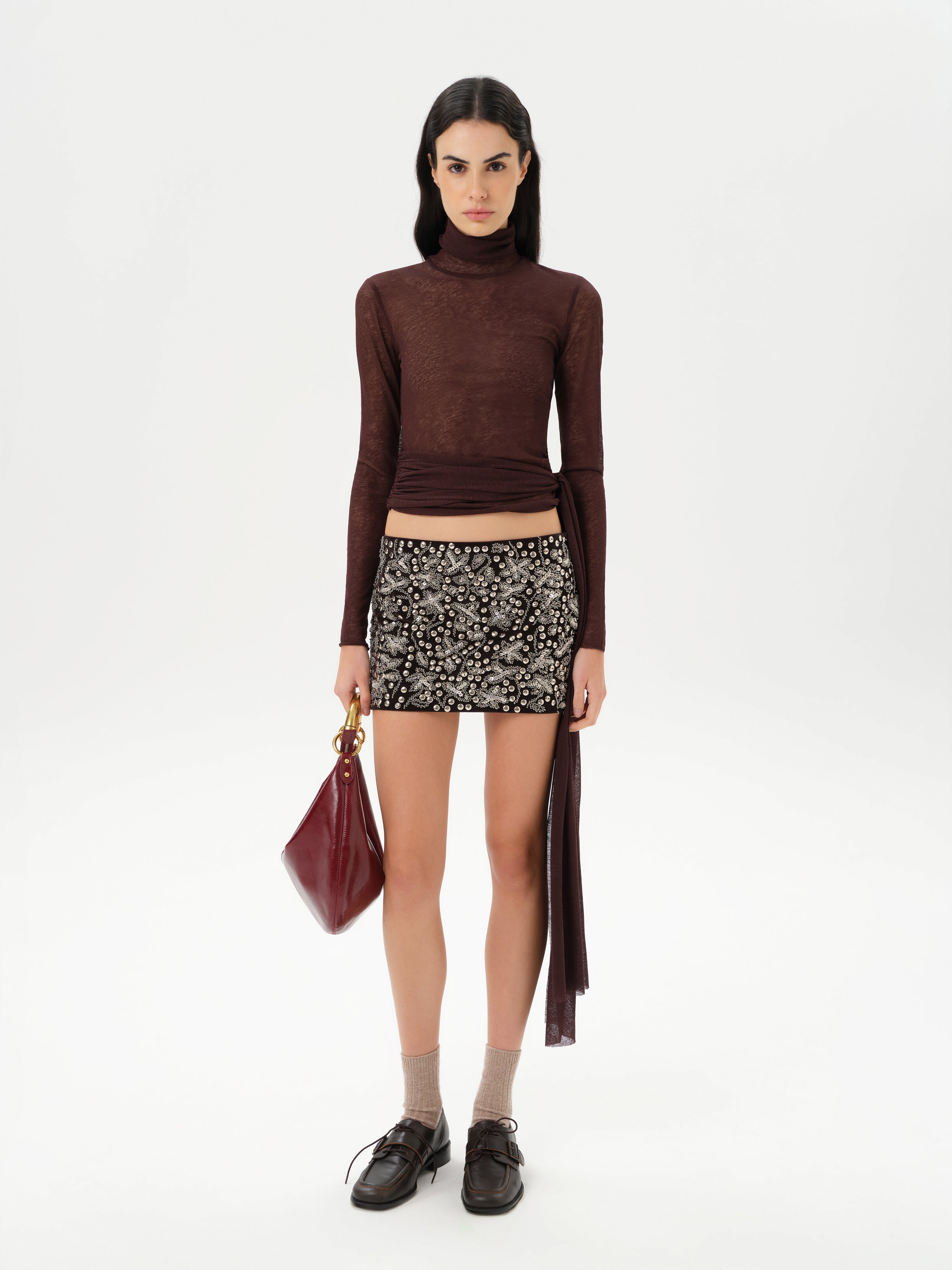 ALBA - Fitted long-sleeve mesh top with side tie detail