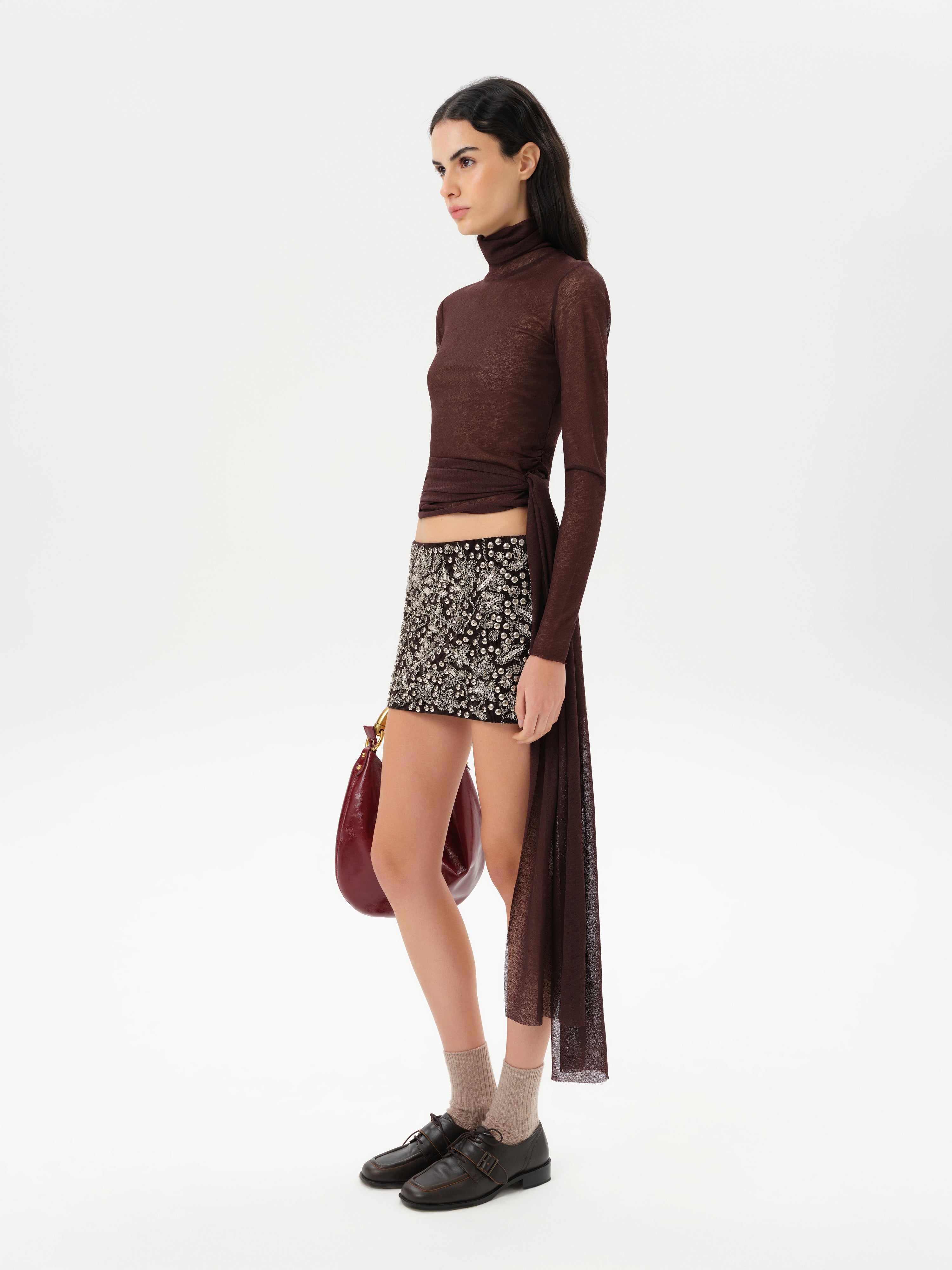 ALBA - Fitted long-sleeve mesh top with side tie detail