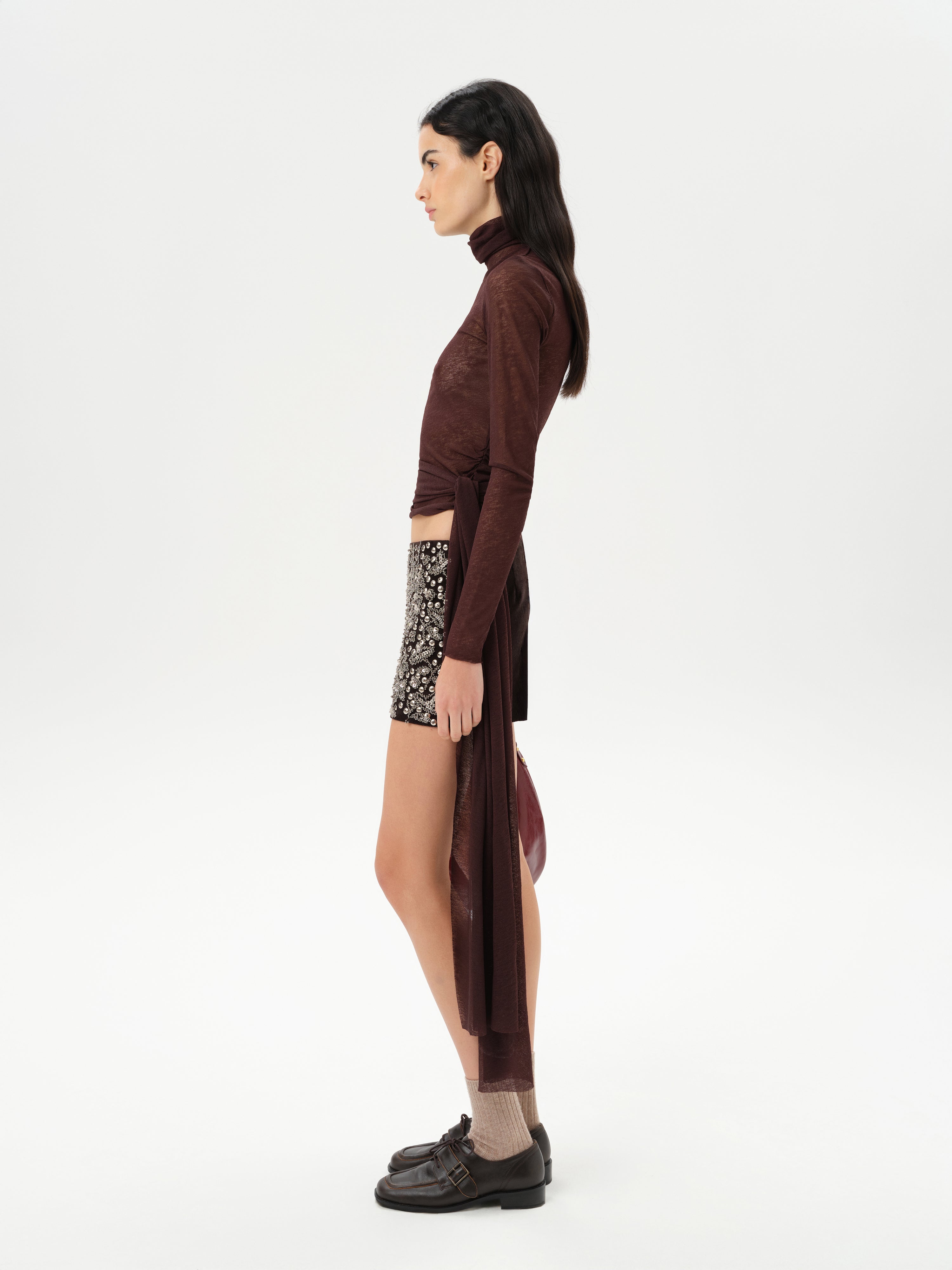 ALBA - Fitted long-sleeve mesh top with side tie detail