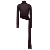 ALBA - Fitted long-sleeve mesh top with side tie detail