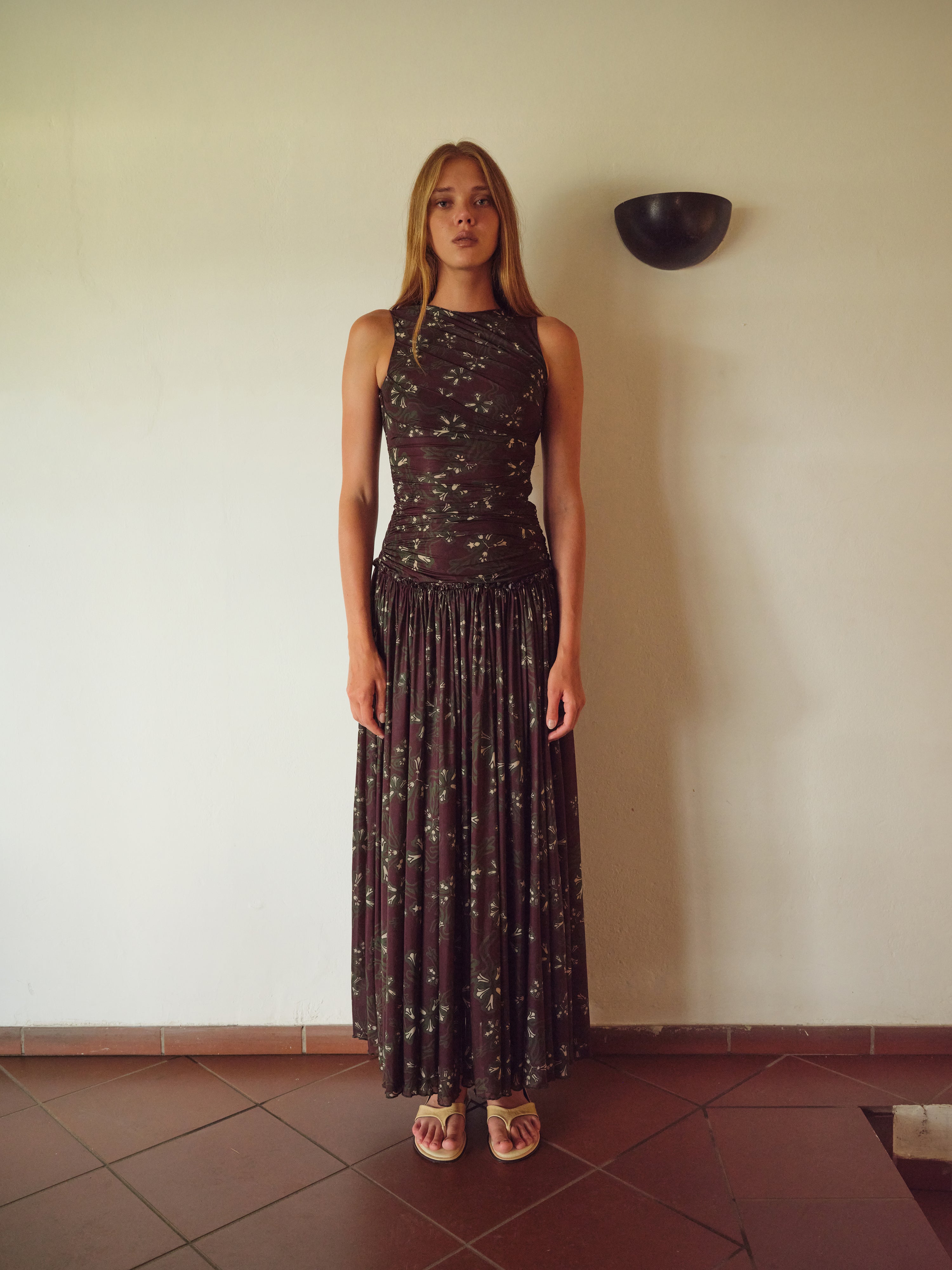 ALINA - Printed open-back ruched maxi jersey dress