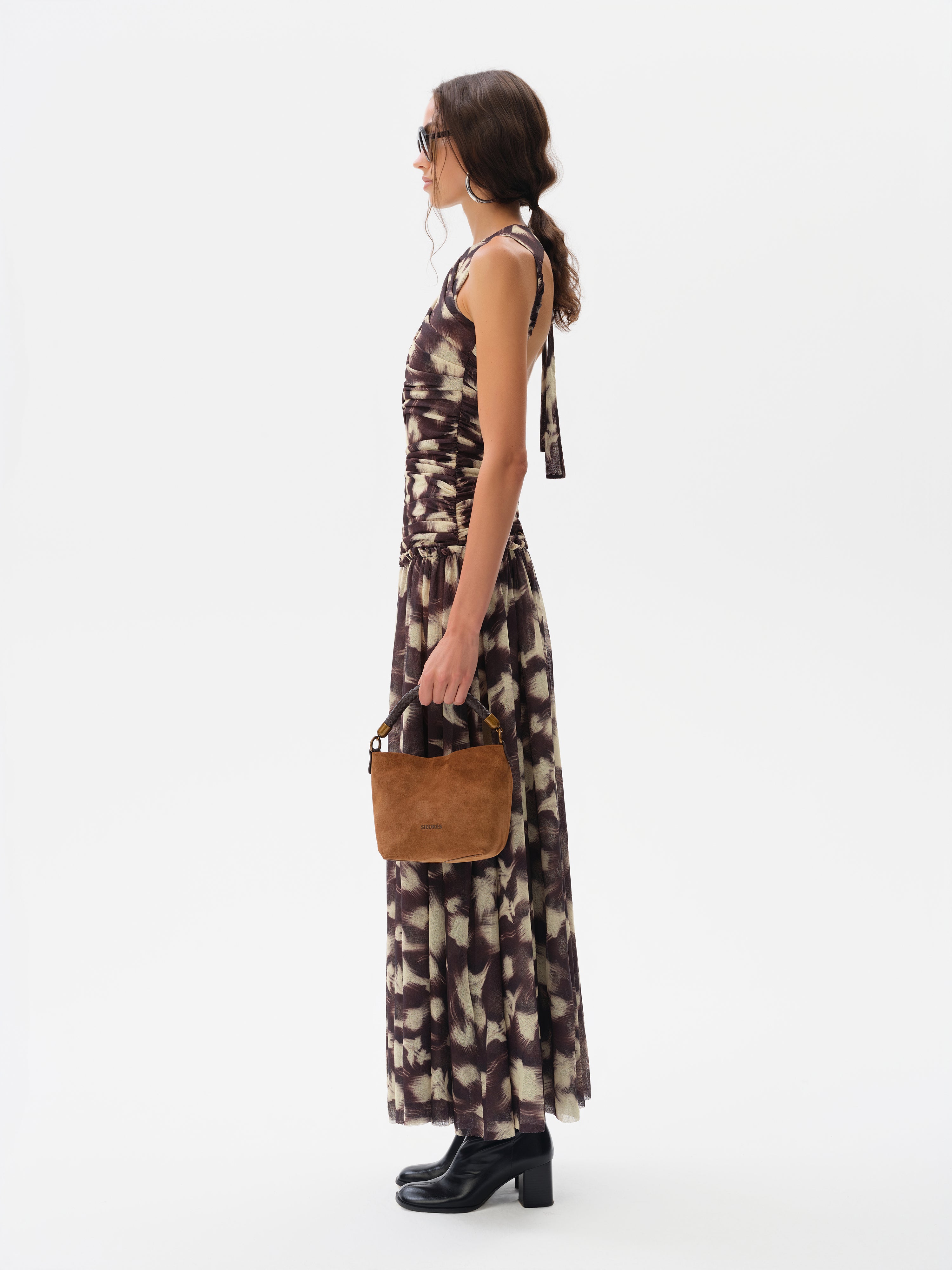 ALINA - Open-back ruched printed mesh maxi dress