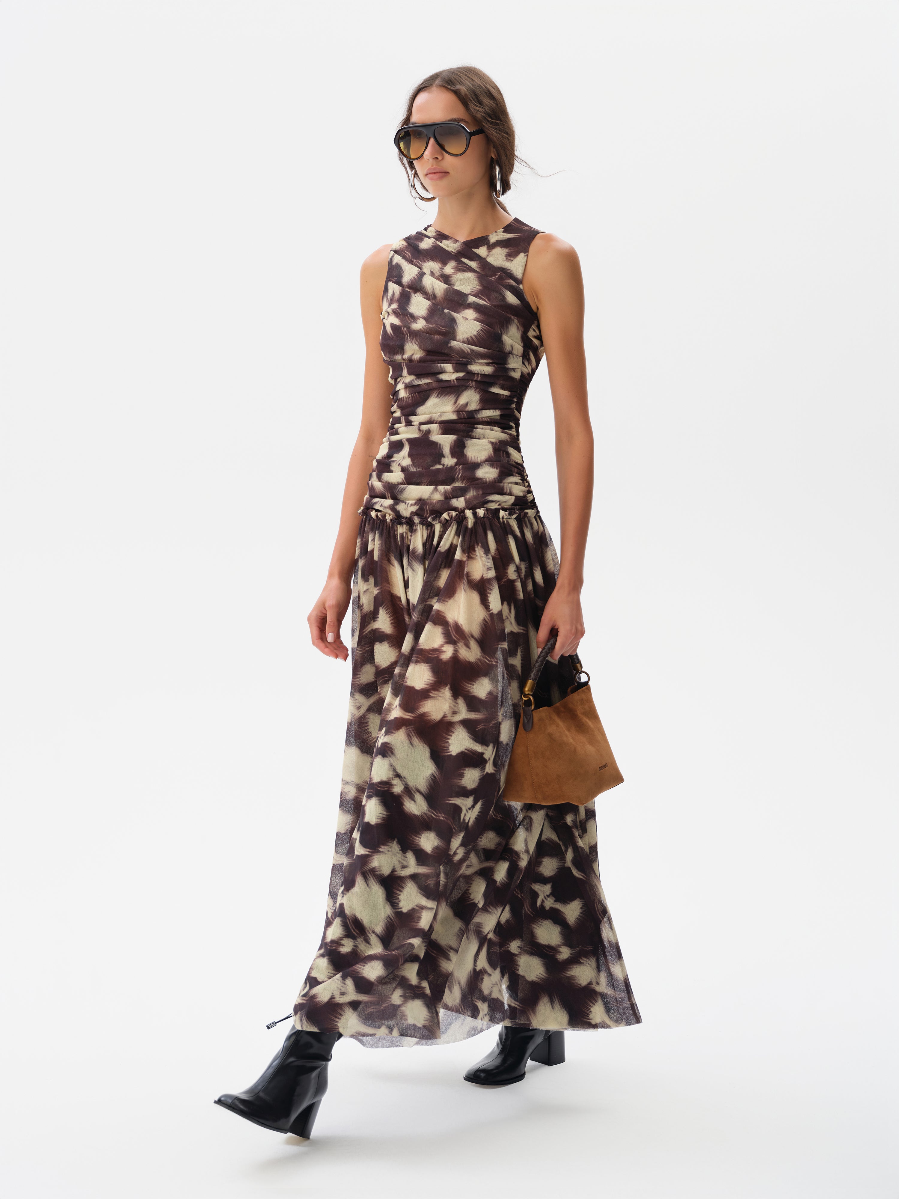 ALINA - Open-back ruched printed mesh maxi dress