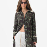 ALINDA - Floral print shirt style linen midi dress with contrast fringe trim
