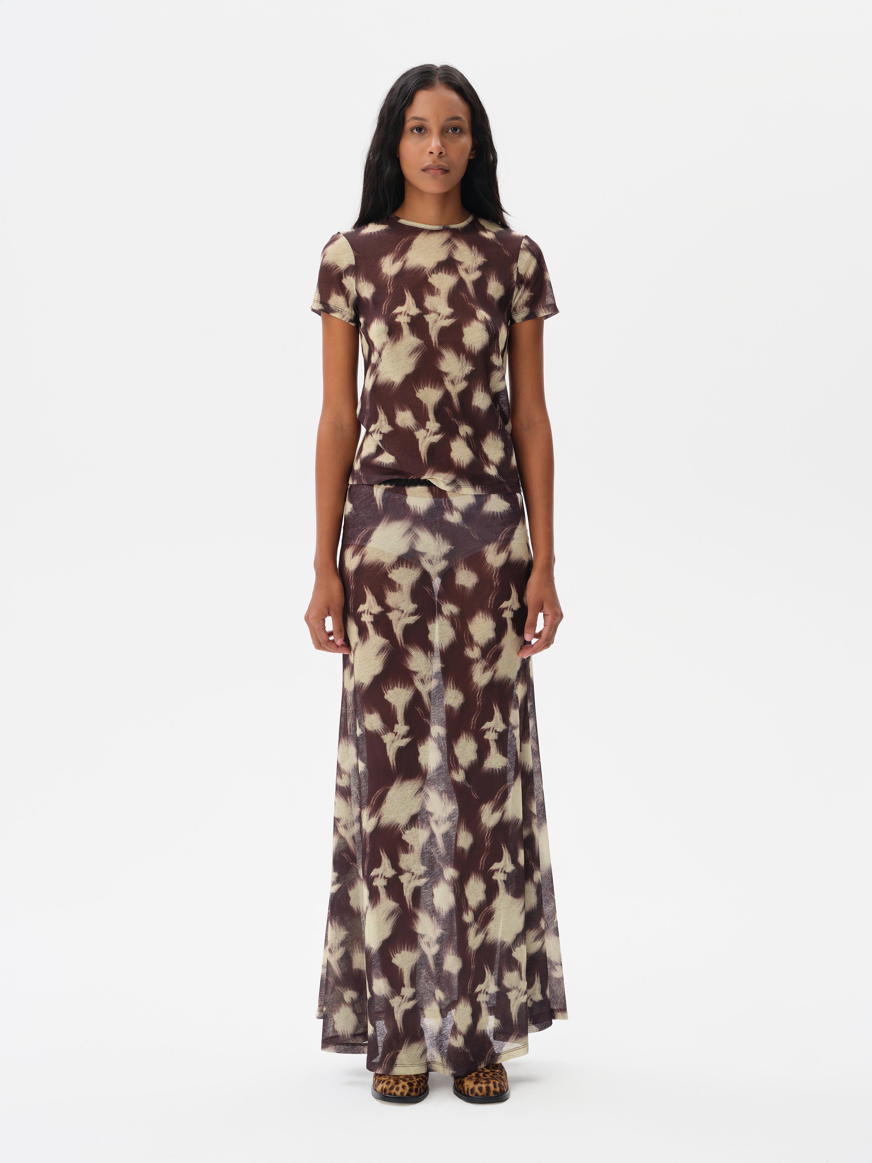 SINY - Printed mesh semi-sheer maxi skirt