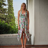 BELORA - Halterneck asymmetric midi dress in textured tapestry fabric