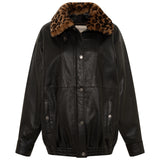 BERNIE - Oversize leather bomber jacket with detachable animal-print shearling collar