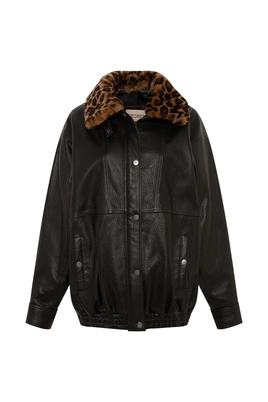 BERNIE - Oversize leather bomber jacket with detachable animal-print shearling collar