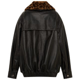 BERNIE - Oversize leather bomber jacket with detachable animal-print shearling collar