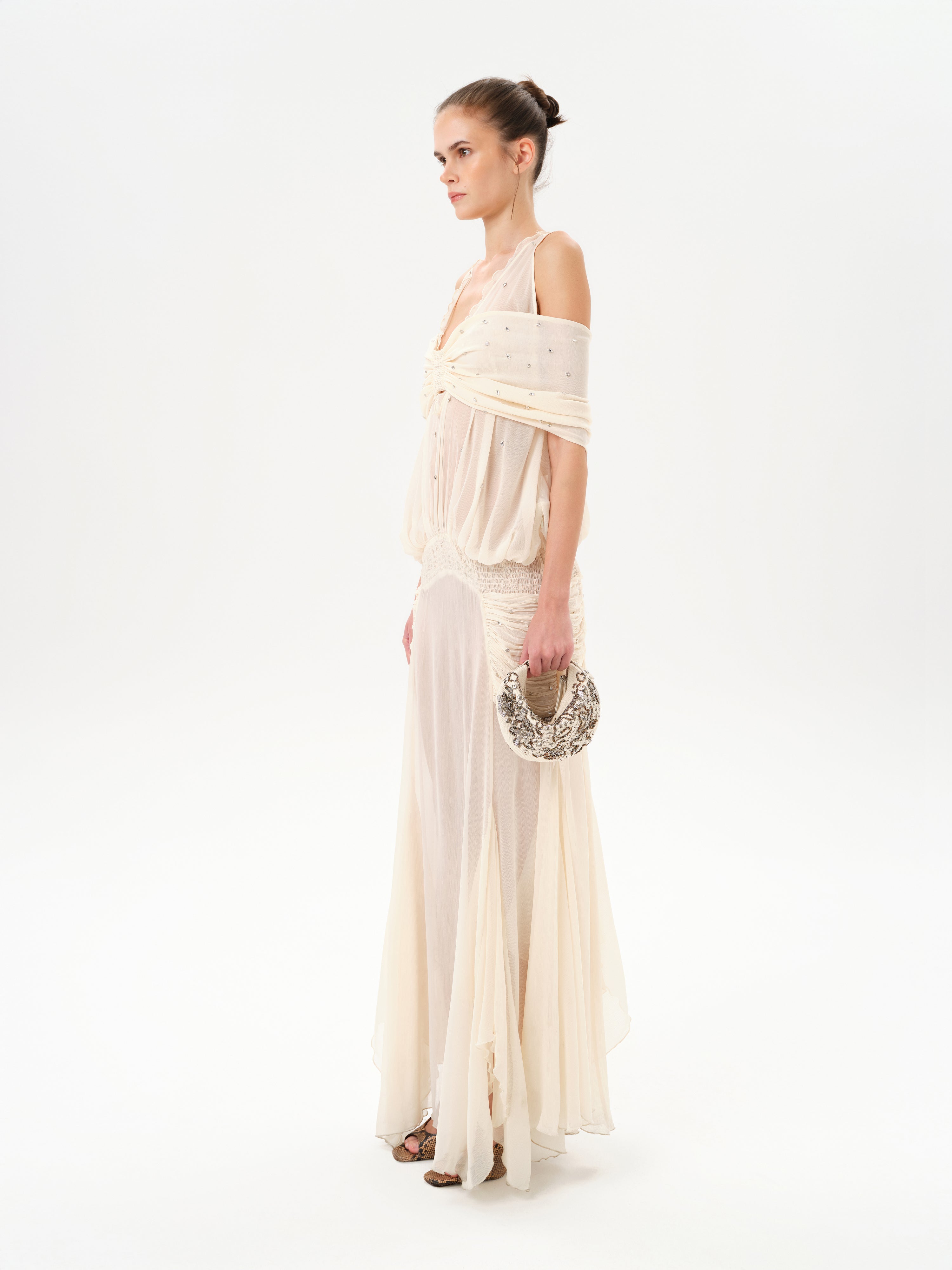 Blair - Chiffon Maxi Dress with Gathered Detailing - Ecru 38 Blair - Chiffon Maxi Dress with Gathered Detailing - Ecru 38
