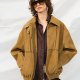 BERNIE - Oversized leather bomber jacket with contast stiching detail