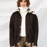 BERNIE - Oversize leather bomber jacket with detachable animal-print shearling collar