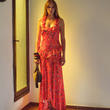 CALINA - Floral print halterneck dress with flounced ruffle neckline