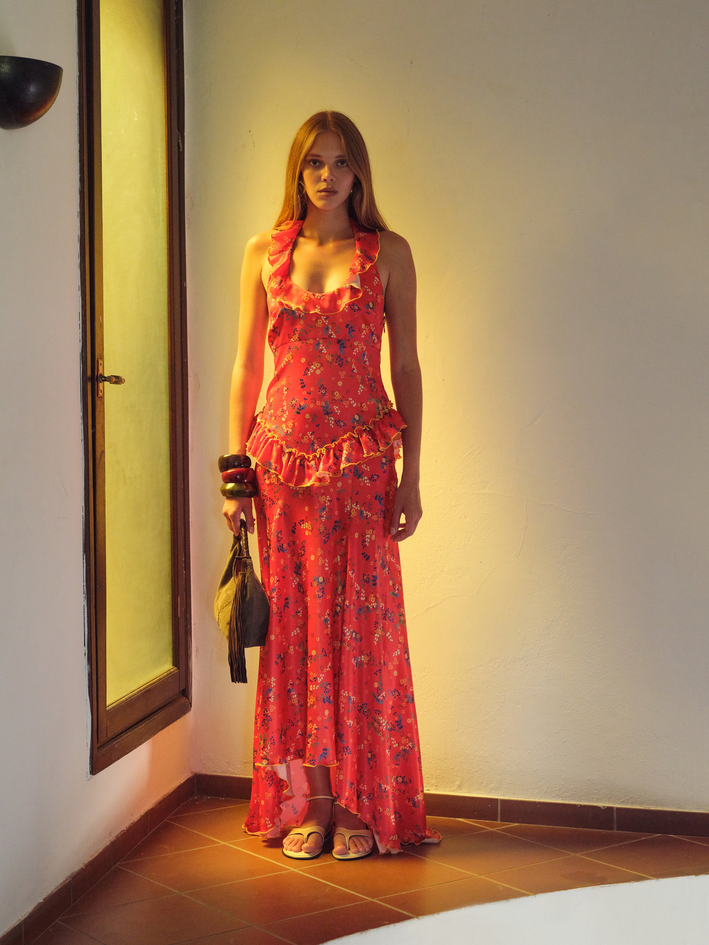 CALINA - Floral print halterneck dress with flounced ruffle neckline