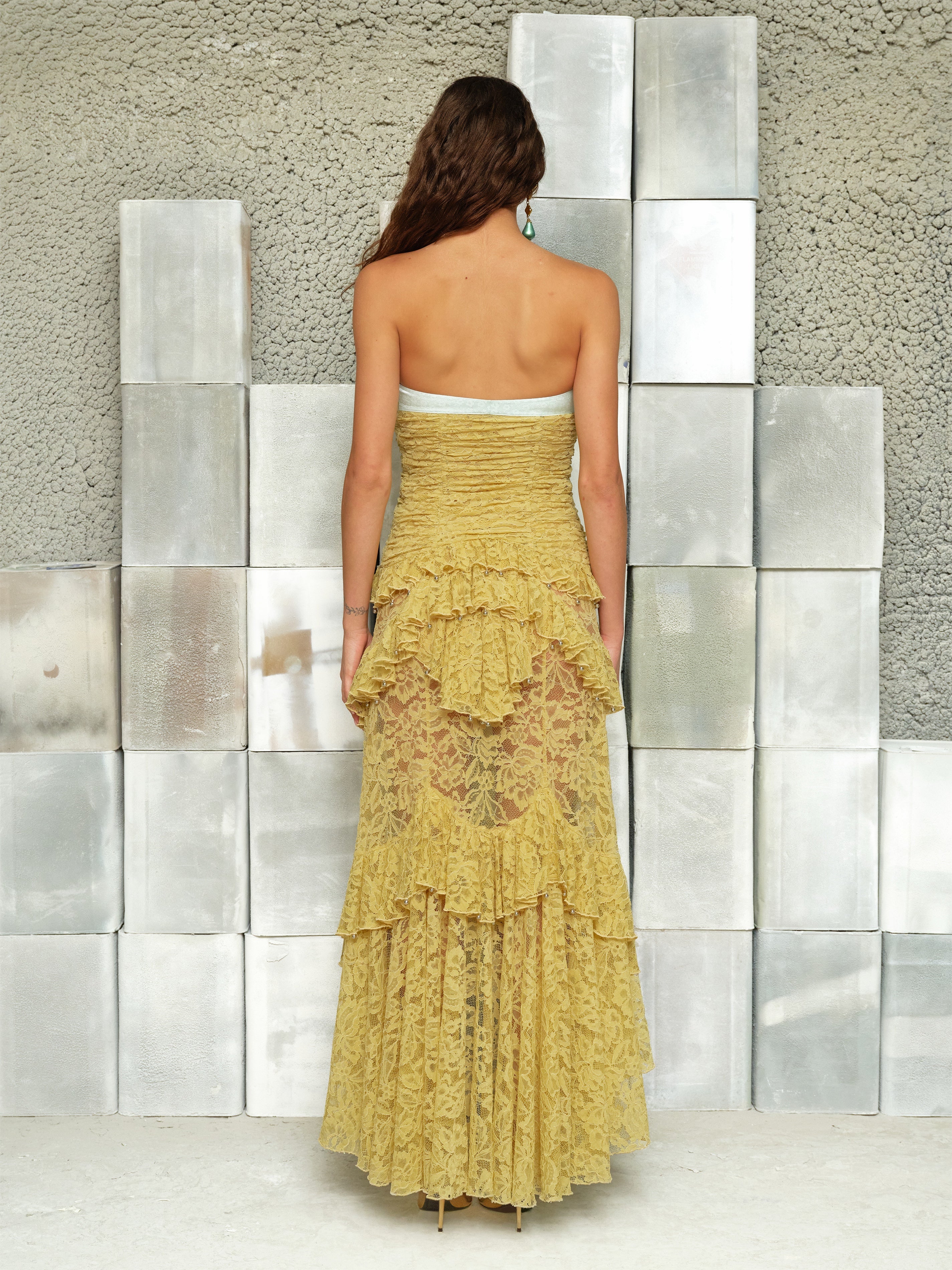 CORINNE - Strapless lace tiered maxi dress