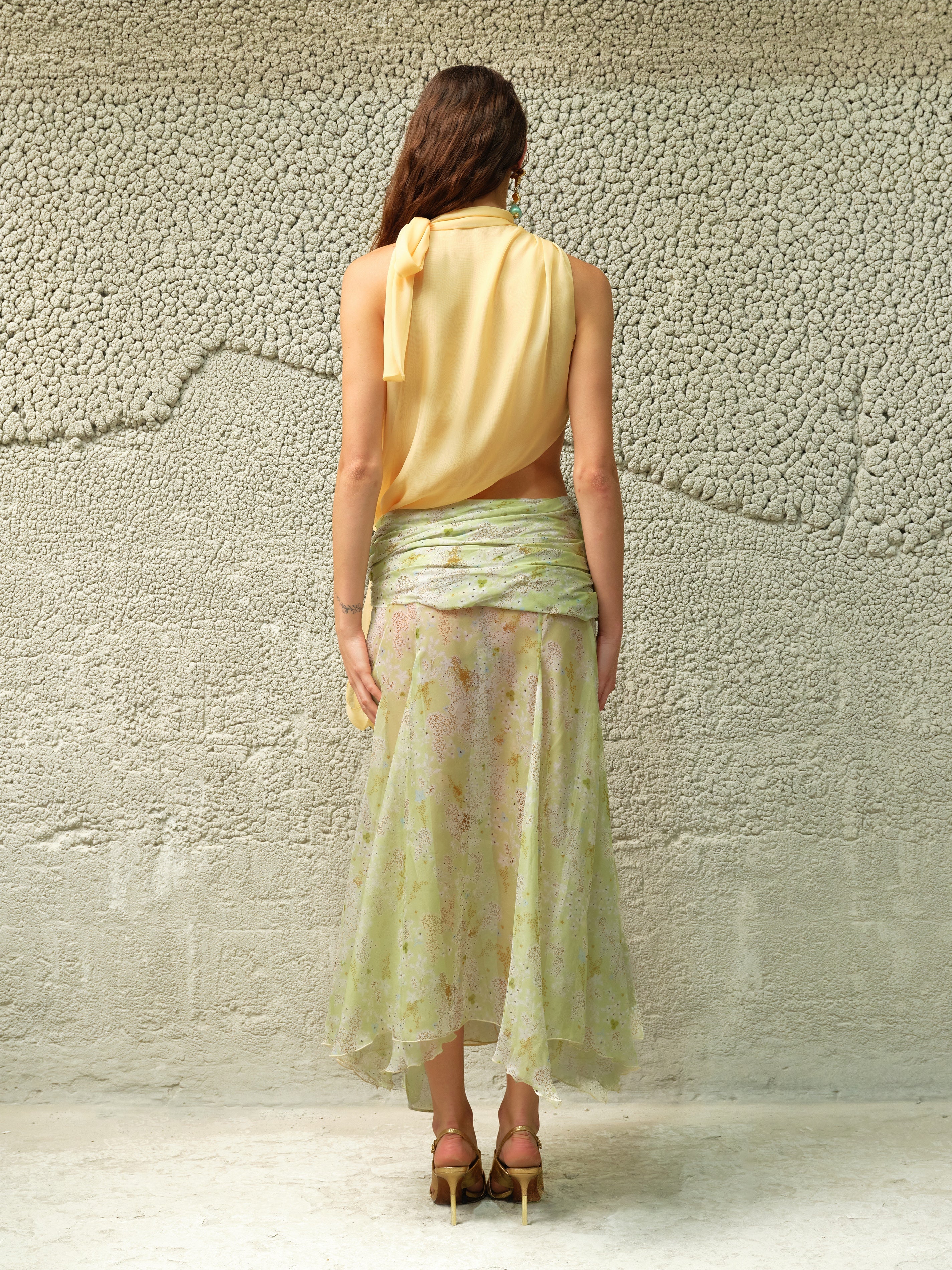 DALIA - Two-tone draped chiffon gown with bow detail