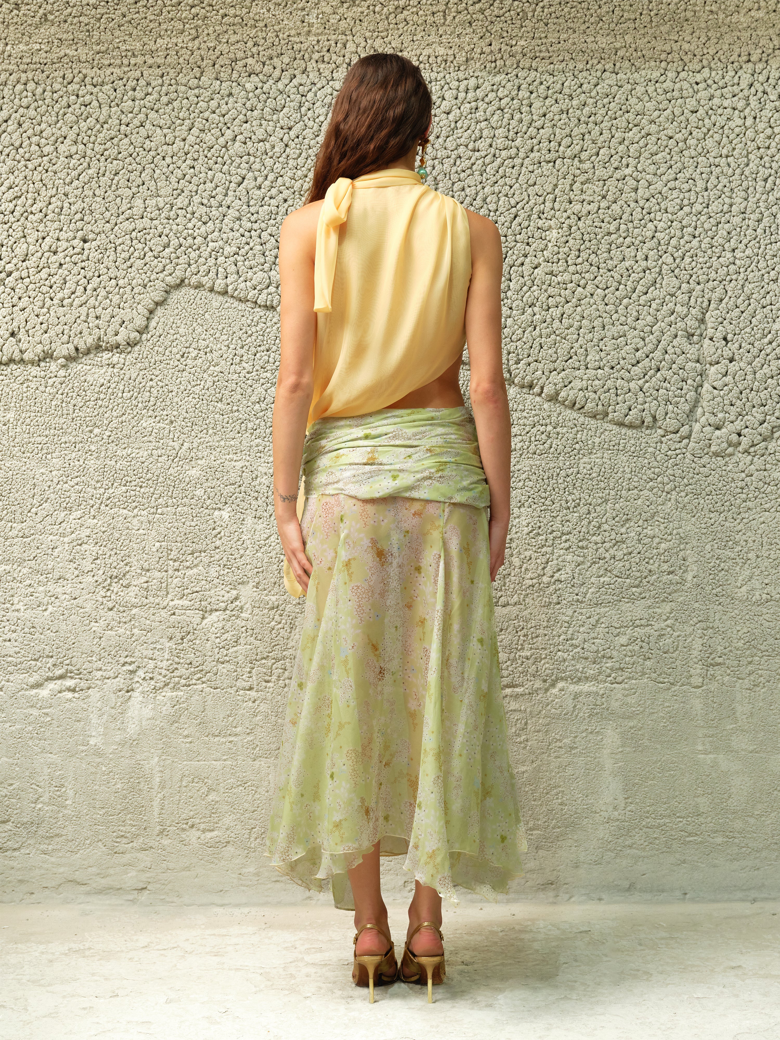 DALIA - Two-tone draped chiffon gown with bow detail