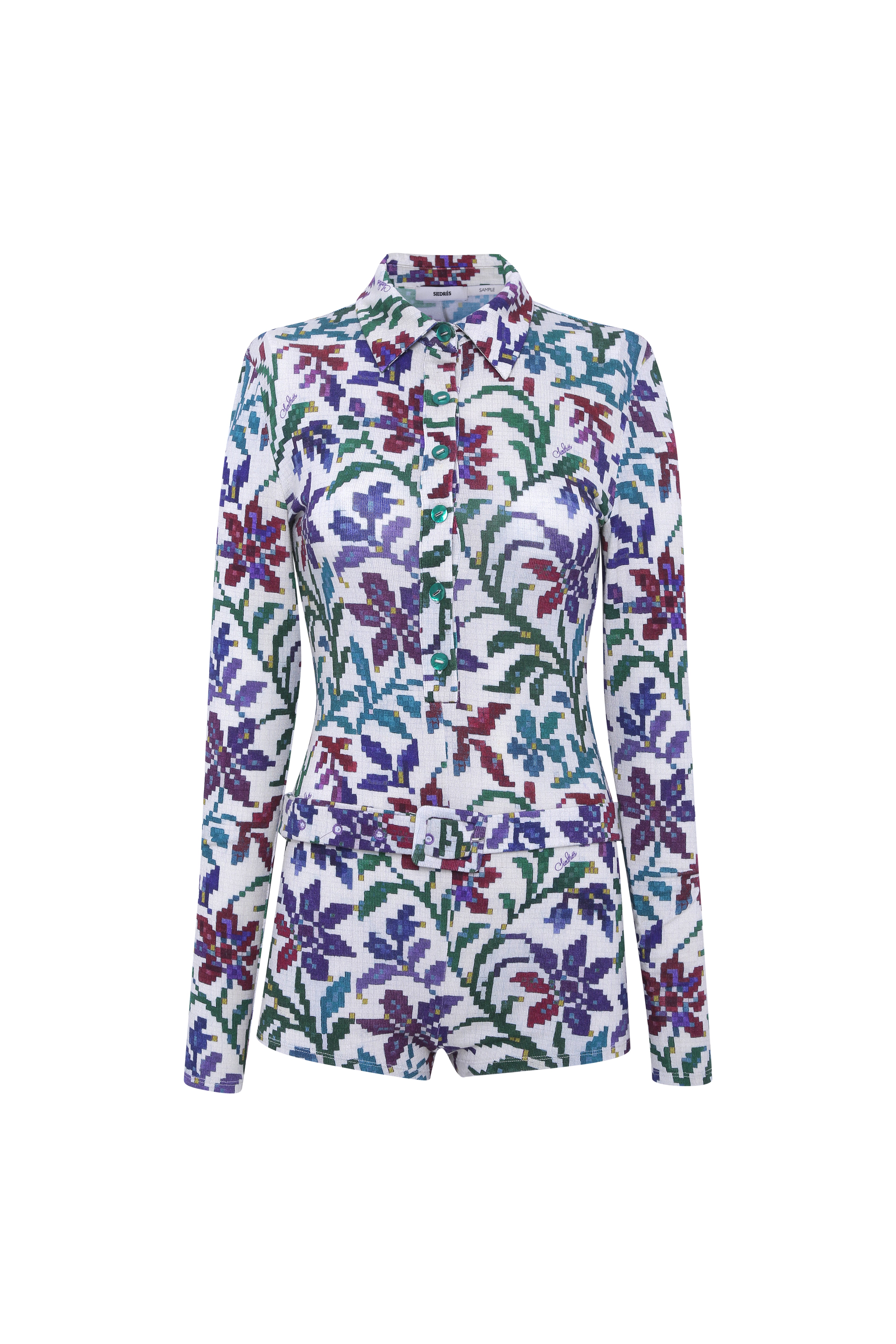 DUNIE - Long-sleeve stretch bodysuit with button-up front with belt detail