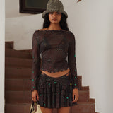 ELARA - Long-sleeved boat neck top in semi-sheer stretch mesh