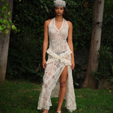 ELVIRA - Crocheted halterneck maxi dress with ruffles