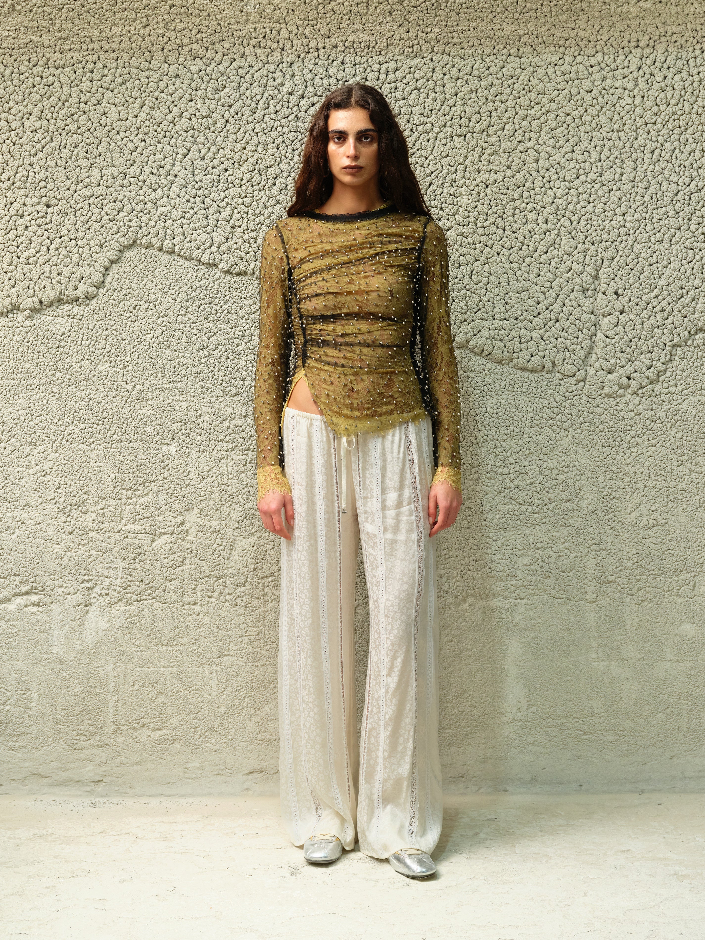 FAYE - Tulle layered lace top with metallic embelishments