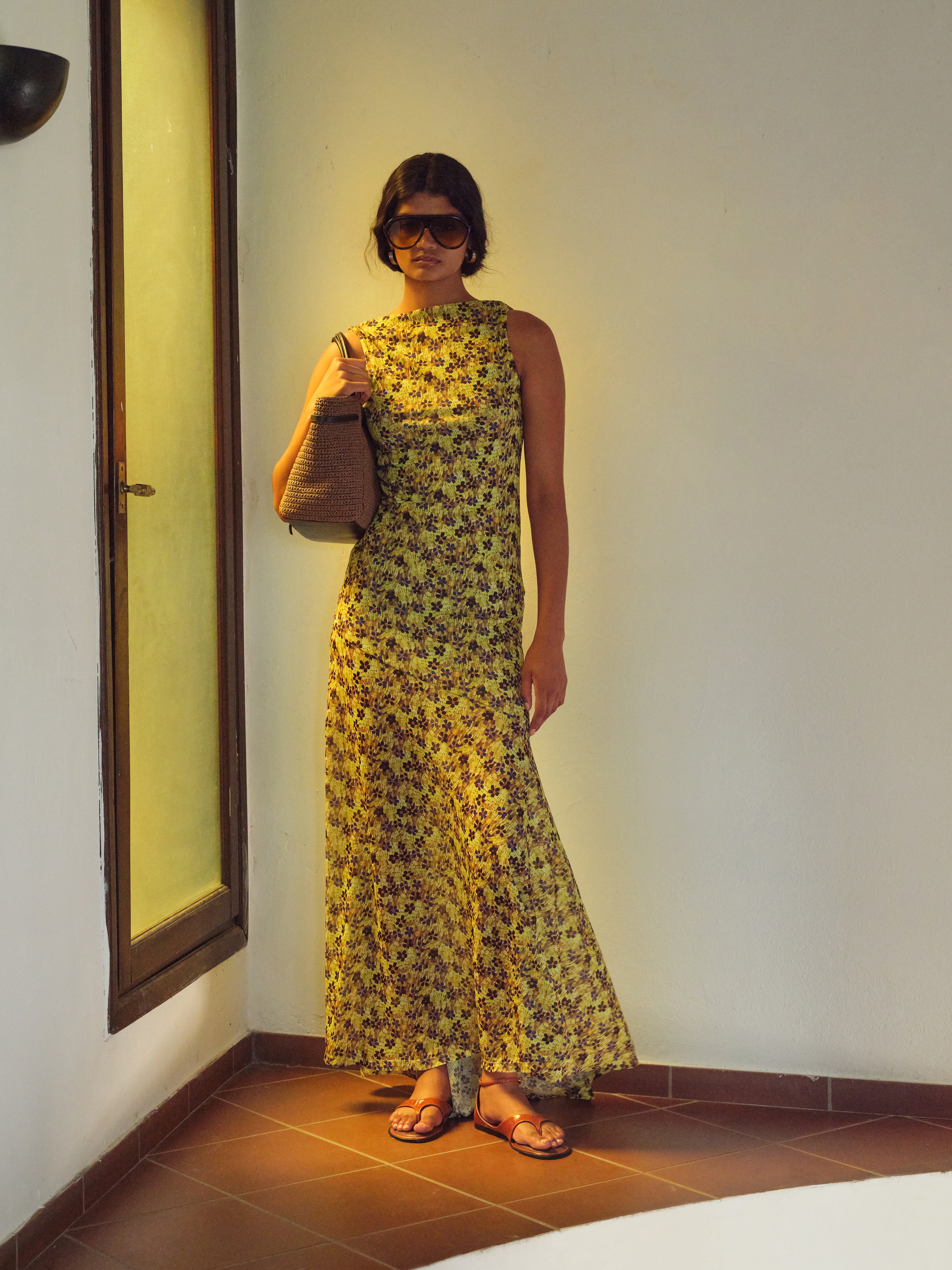 FENS - Floral print open-back mesh maxi dress
