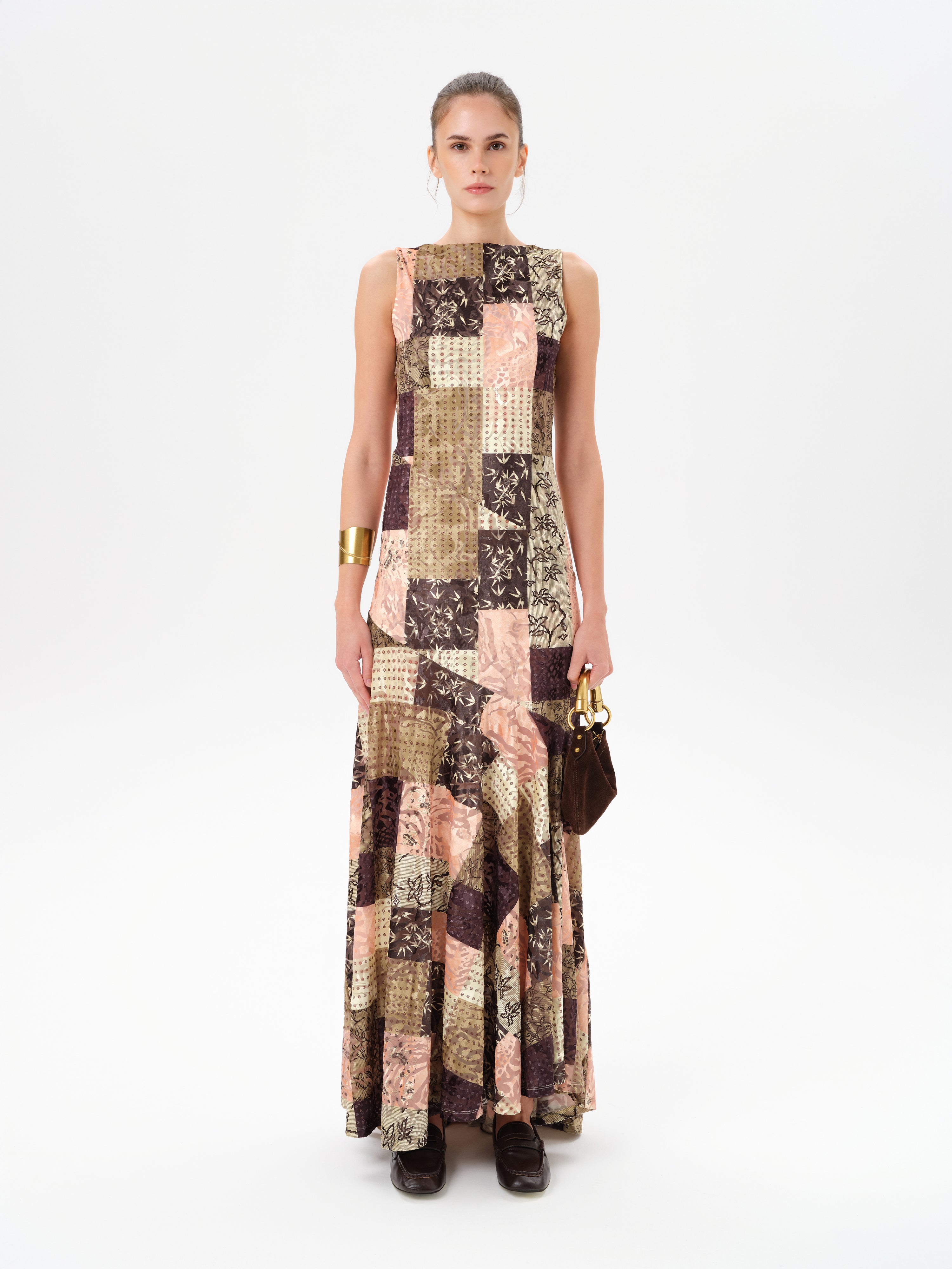 FENS - Open-back velvet maxi dress with patchwork pattern